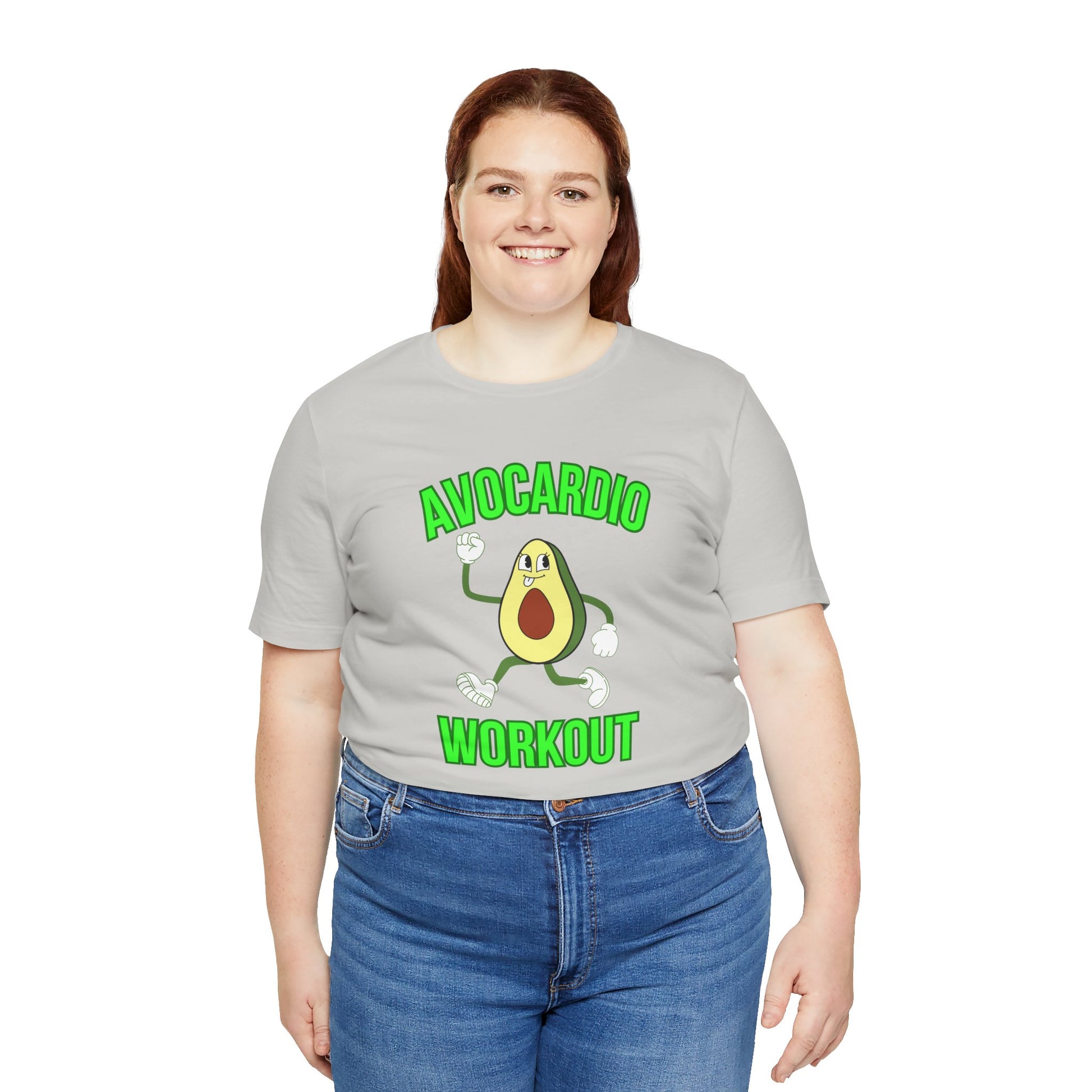 Person wearing a gray t-shirt with an avocado graphic and text 'Avocardio workout' on a white background