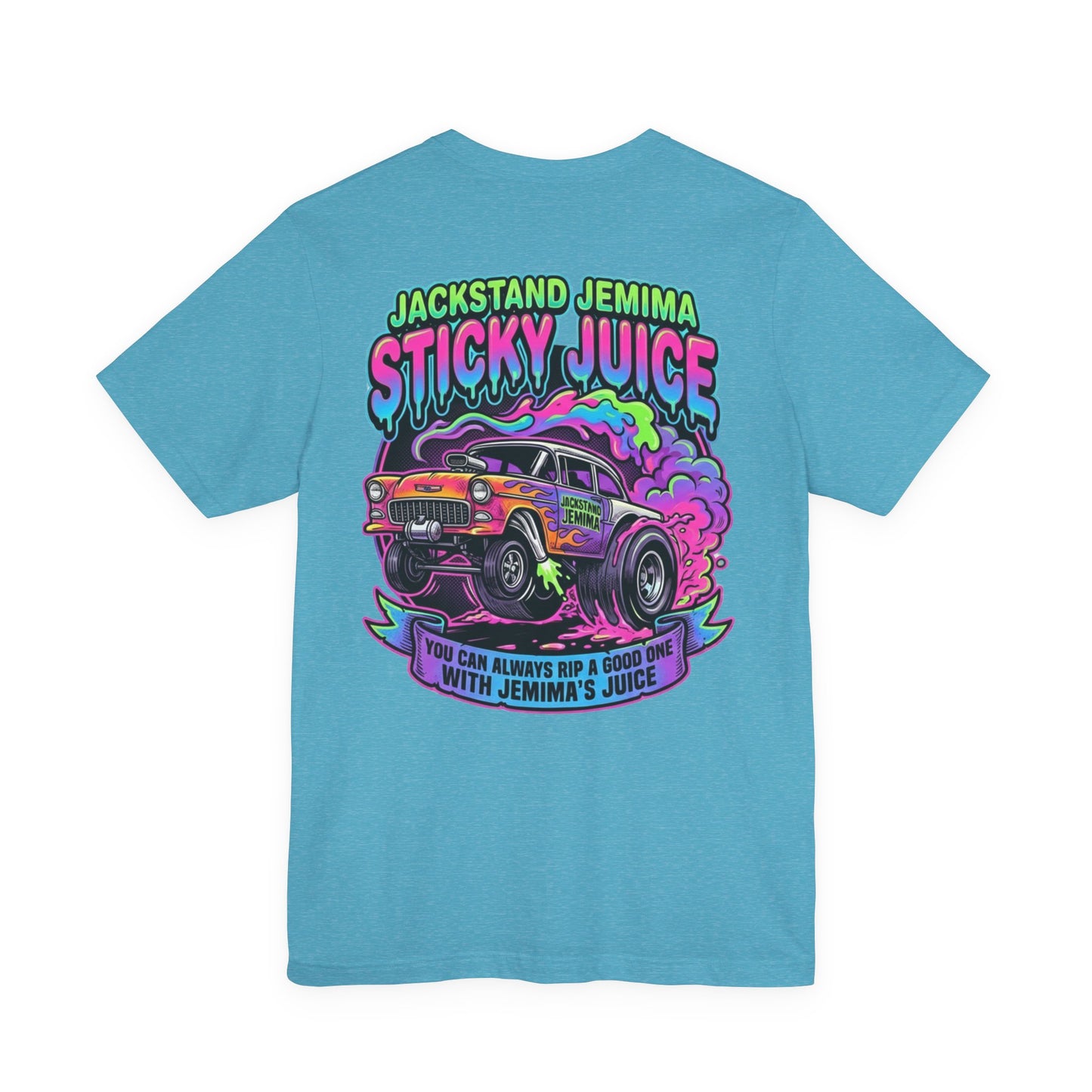 Blue t-shirt with colorful graphic and  'Jackedstand Jemima Sticky Juice You Can Always Rip A Good One With Jemima's Juice' text on a white background
