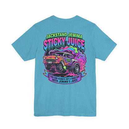 Blue t-shirt with colorful graphic and  'Jackedstand Jemima Sticky Juice You Can Always Rip A Good One With Jemima's Juice' text on a white background
