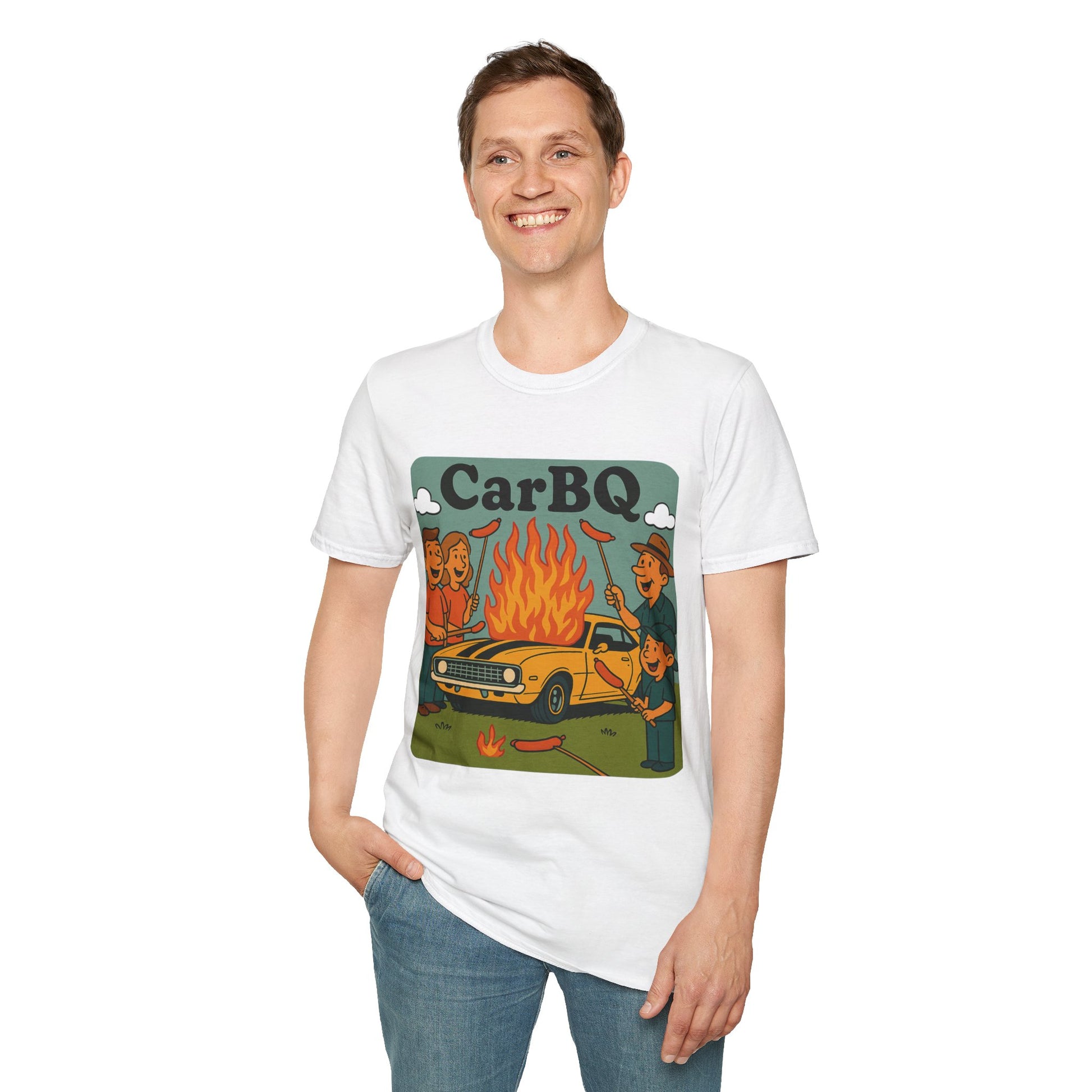 Person wearing a white t-shirt with 'Car BBQ' graphic design on a white background