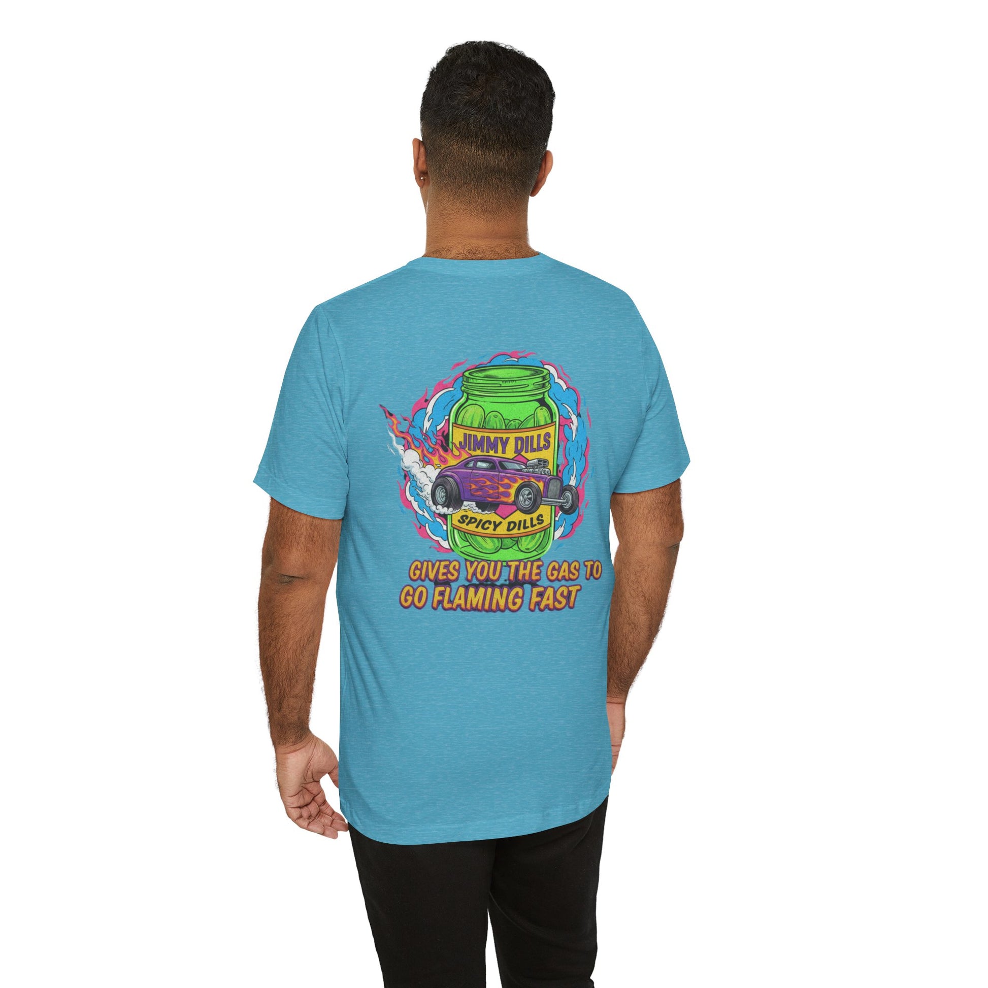 Person wearing a blue t-shirt with a colorful graphic on the back, featuring  'Jimmy Dills Spicy Dills Gives You The Gas To Go Flaming Fast' text and a cartoon-like design.