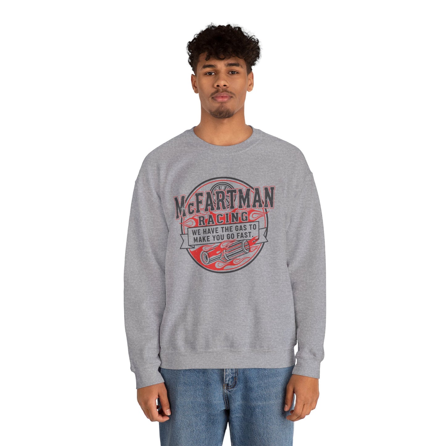 Person wearing a gray sweatshirt with 'McFartman Racing' graphic on a white background
