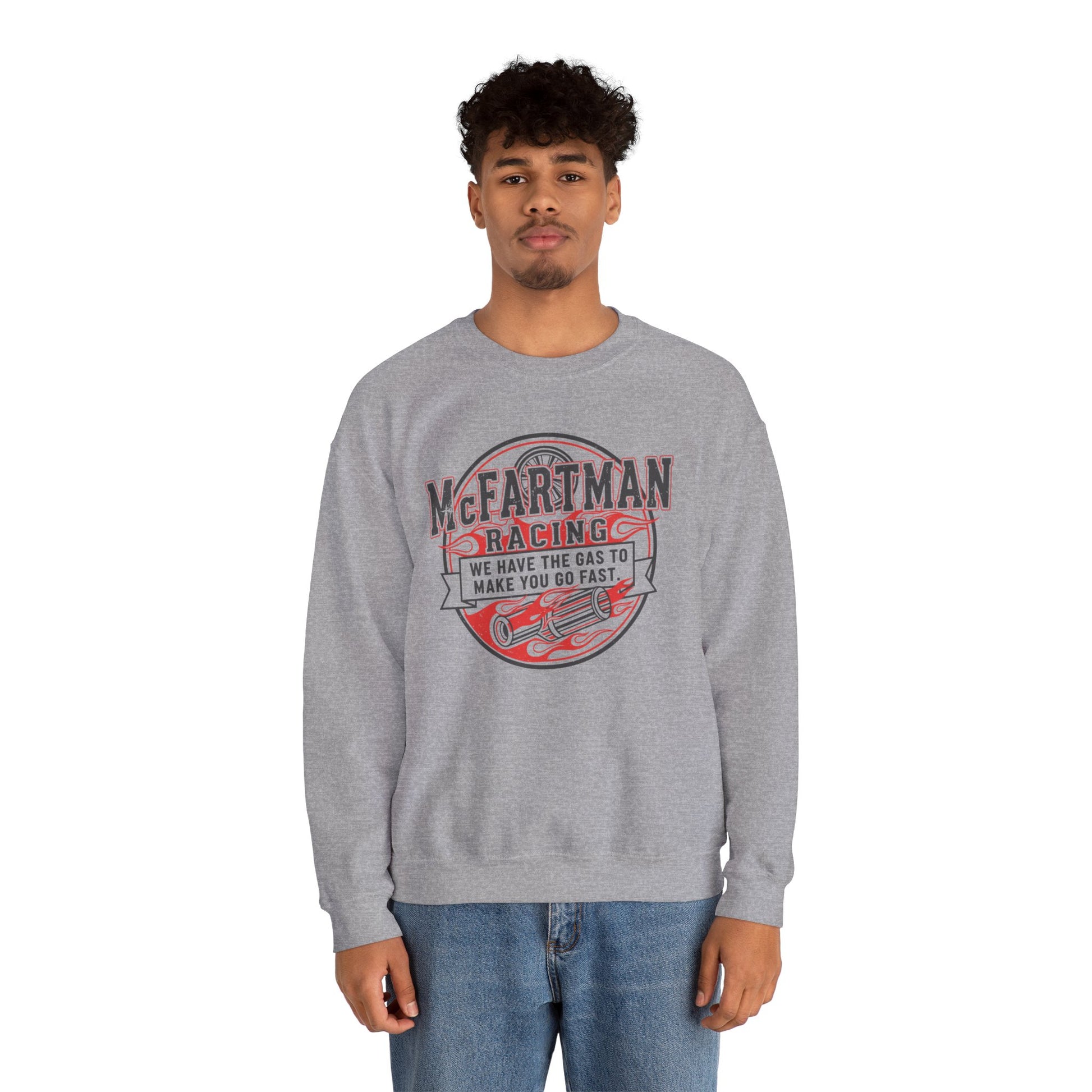 Person wearing a gray sweatshirt with 'McFartman Racing' graphic on a white background