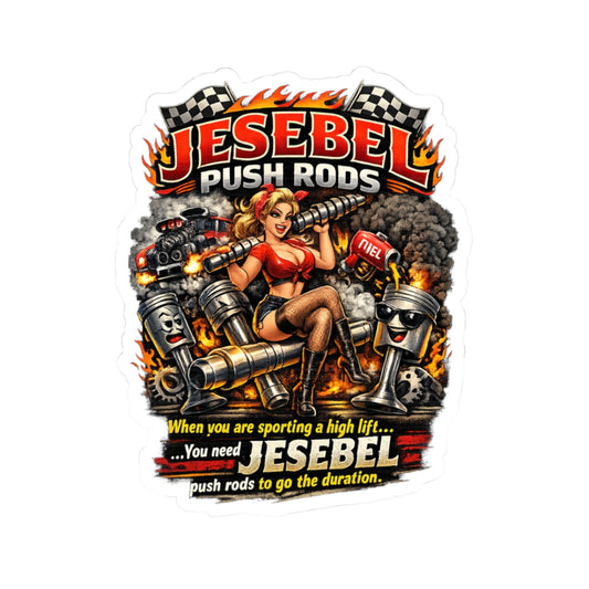 Promotional graphic sticker for Jesabel Push Rods with a stylized woman and mechanical elements.