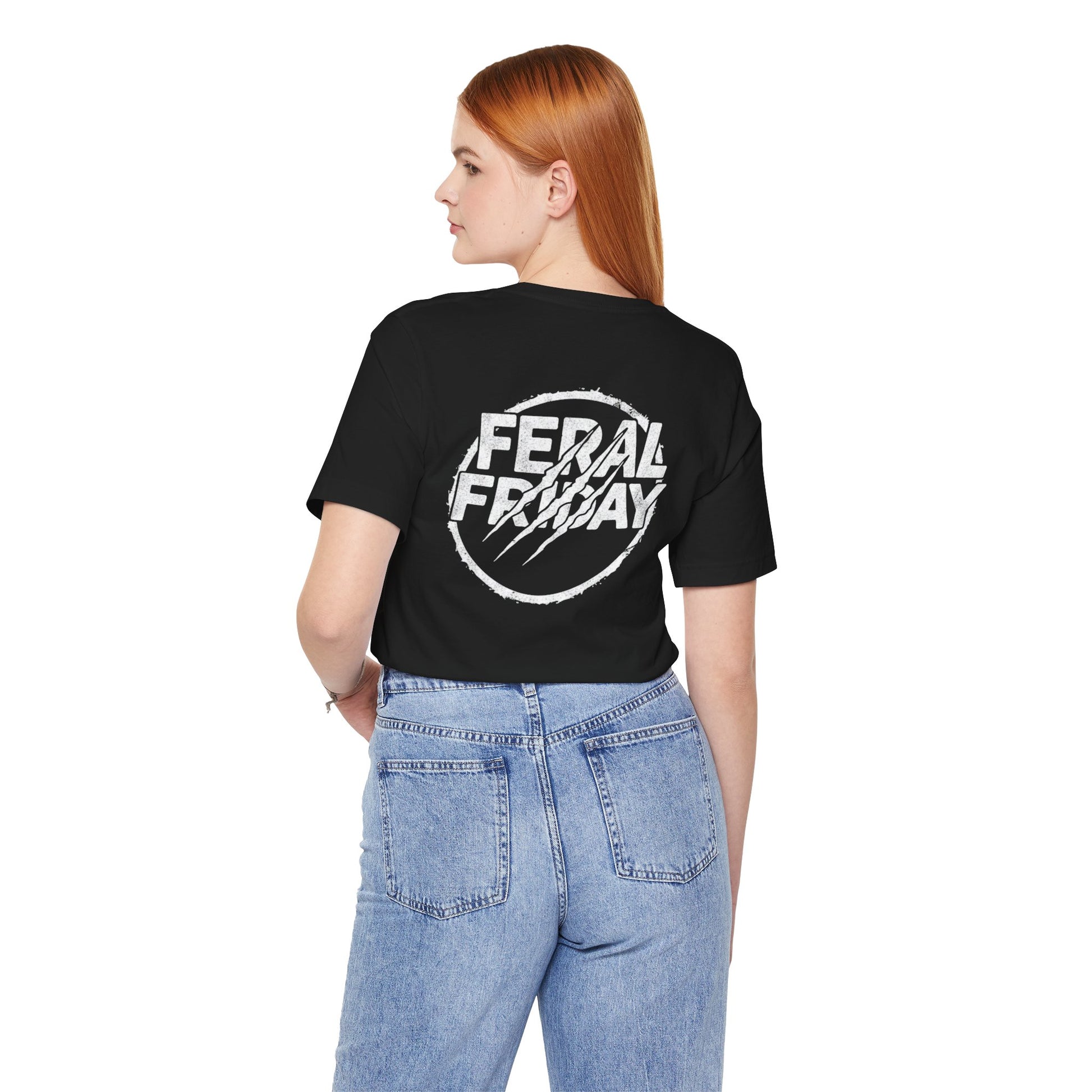 Person wearing a black t-shirt with 'Feral Friday' text on the back, standing against a white background.