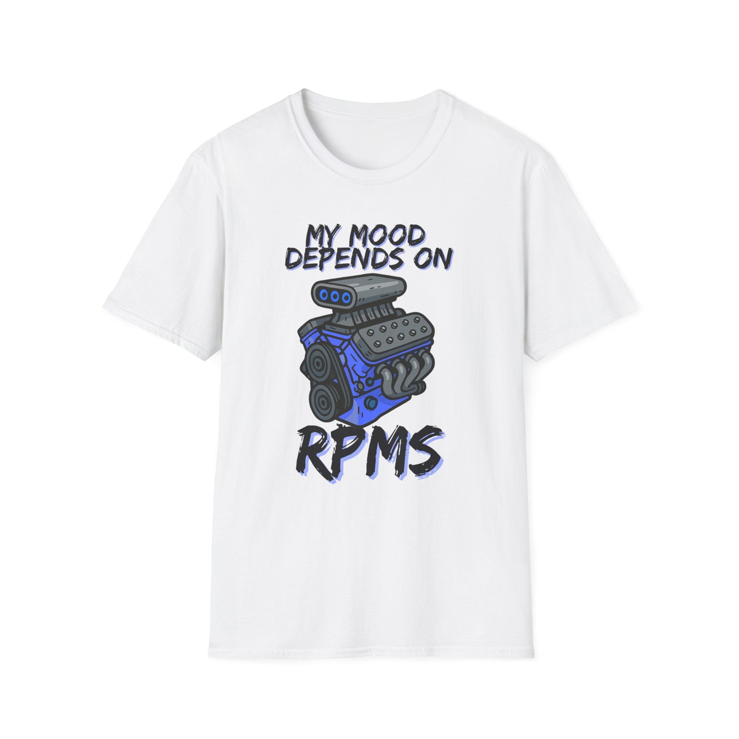 White t-shirt with a graphic and text 'My mood depends on RPMs' on a white background