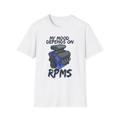White t-shirt with a graphic and text 'My mood depends on RPMs' on a white background