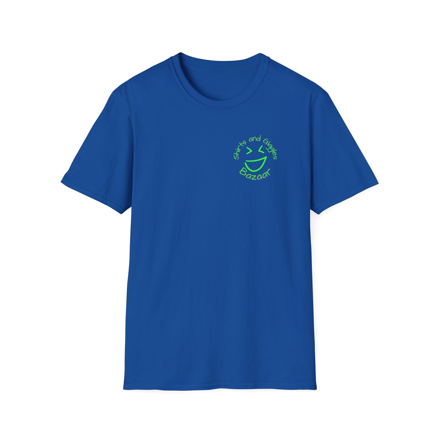Blue t-shirt with a smiley face design 'Shirts and Giggles Bazaar' logo on a white background