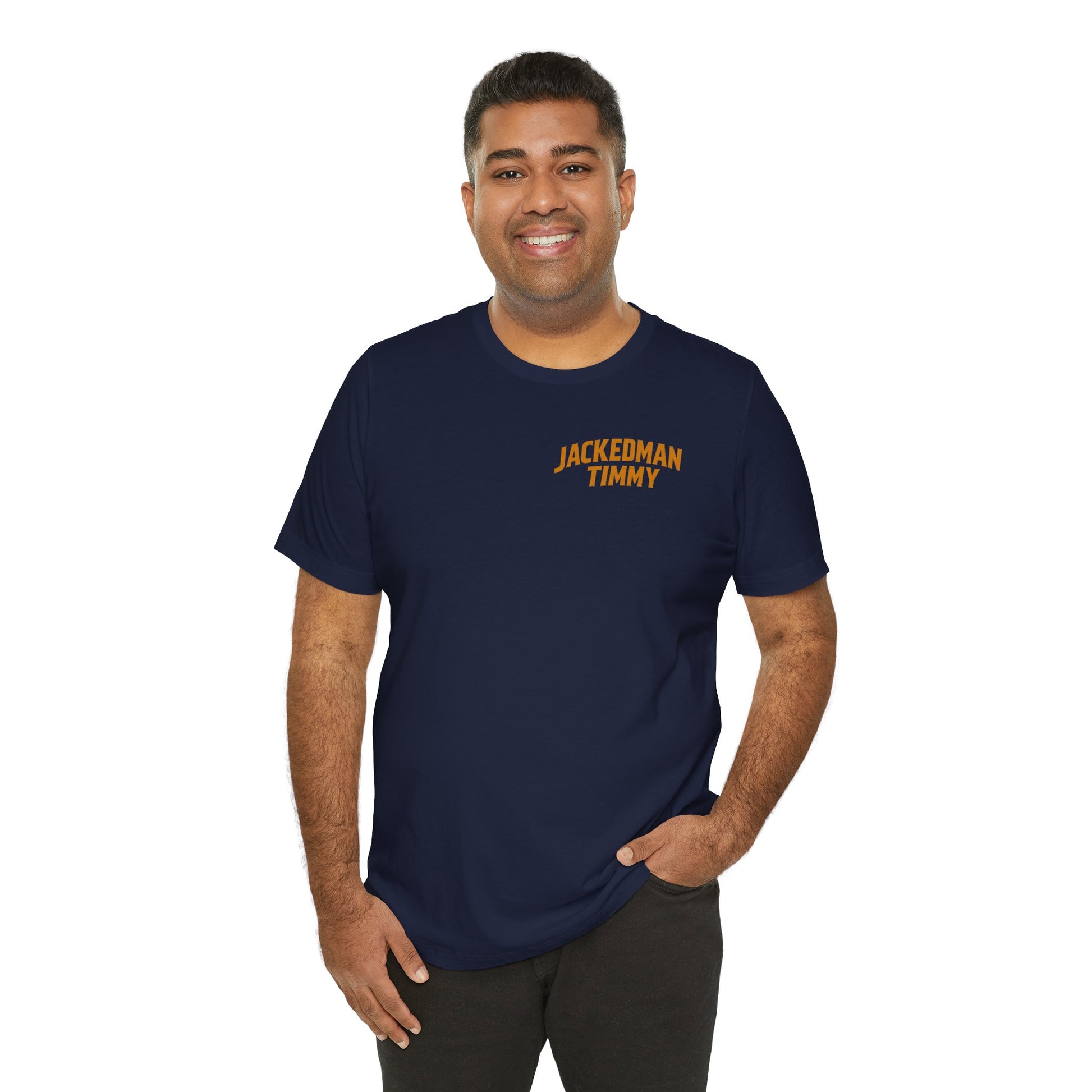 Man wearing a navy blue t-shirt with 'JACKEDMAN TIMMY' text on a white background