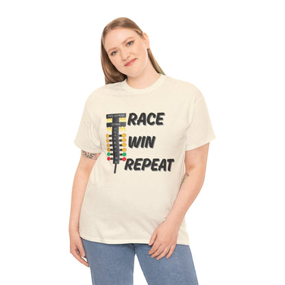 Person wearing a beige t-shirt with text 'Race Win Repeat' and graphics on a white background