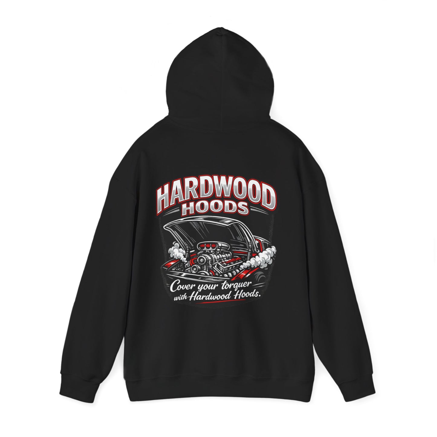 Black hoodie with 'Hardwood Hoods' graphic on a white background