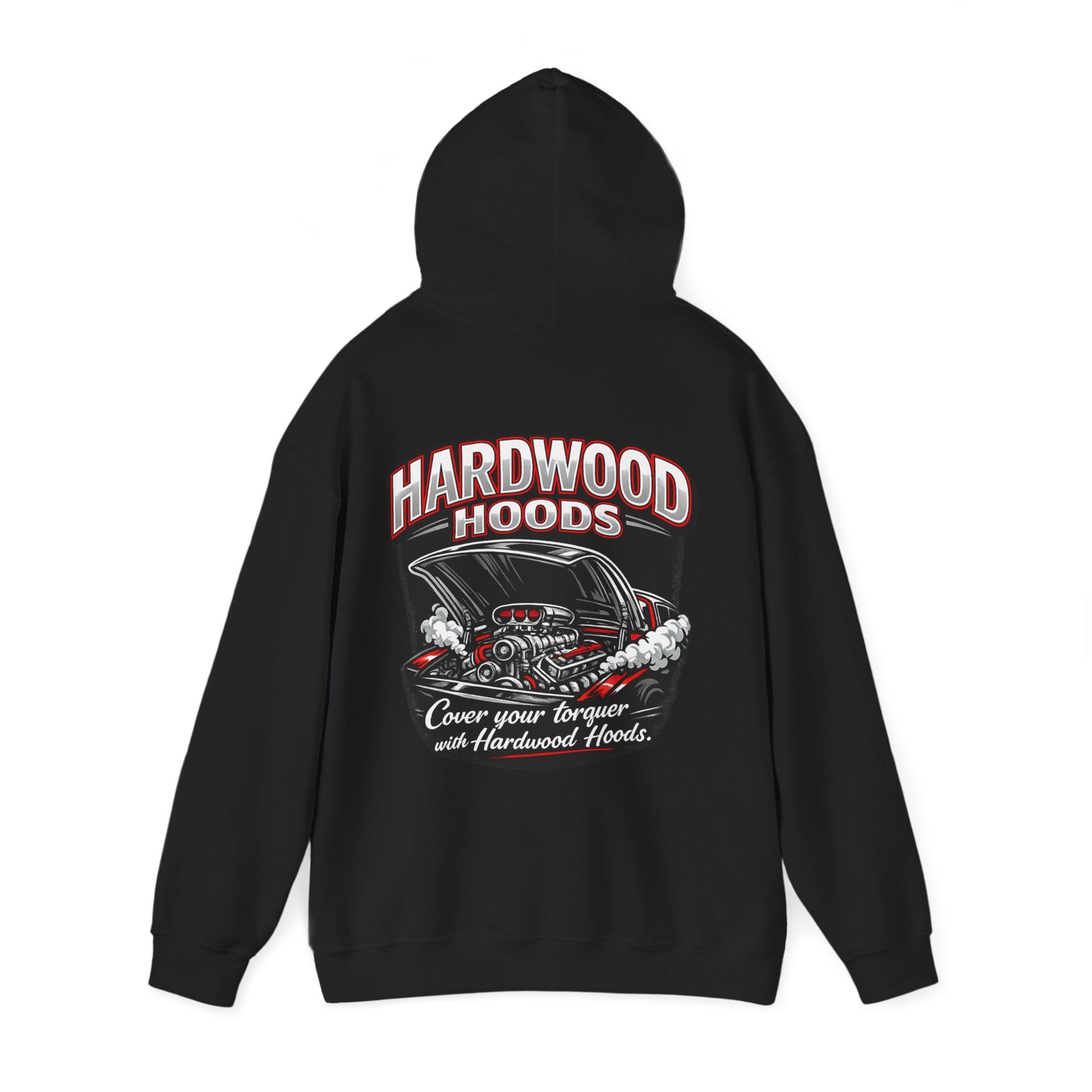 Black hoodie with 'Hardwood Hoods' graphic on a white background