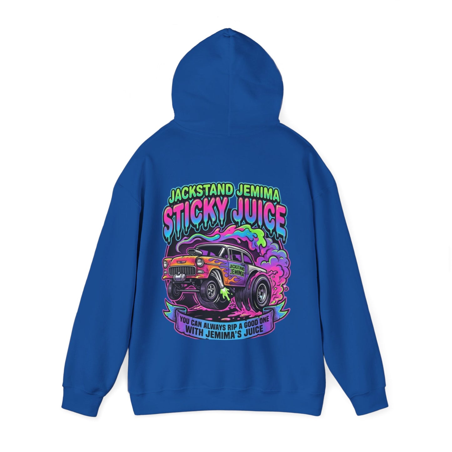 Blue hoodie with colorful graphic design and 'Jackstand Jemima Sticky Juice You Can Always Rip A Good One With Jemima's Juice' text on the back on a white background