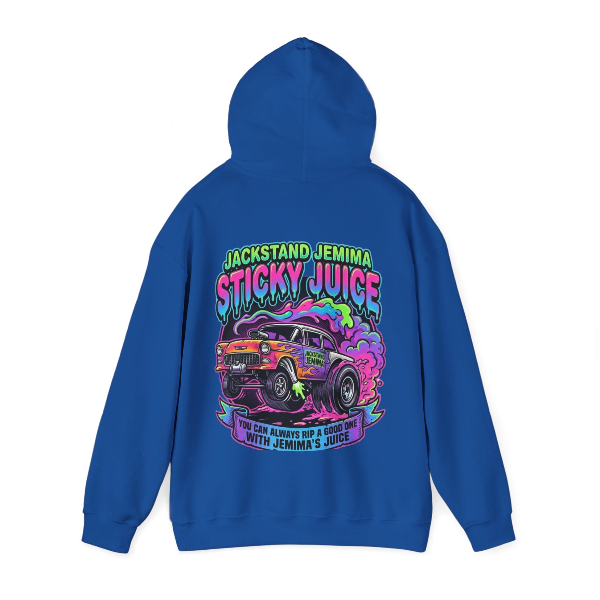 Blue hoodie with colorful graphic design and 'Jackstand Jemima Sticky Juice You Can Always Rip A Good One With Jemima's Juice' text on the back on a white background