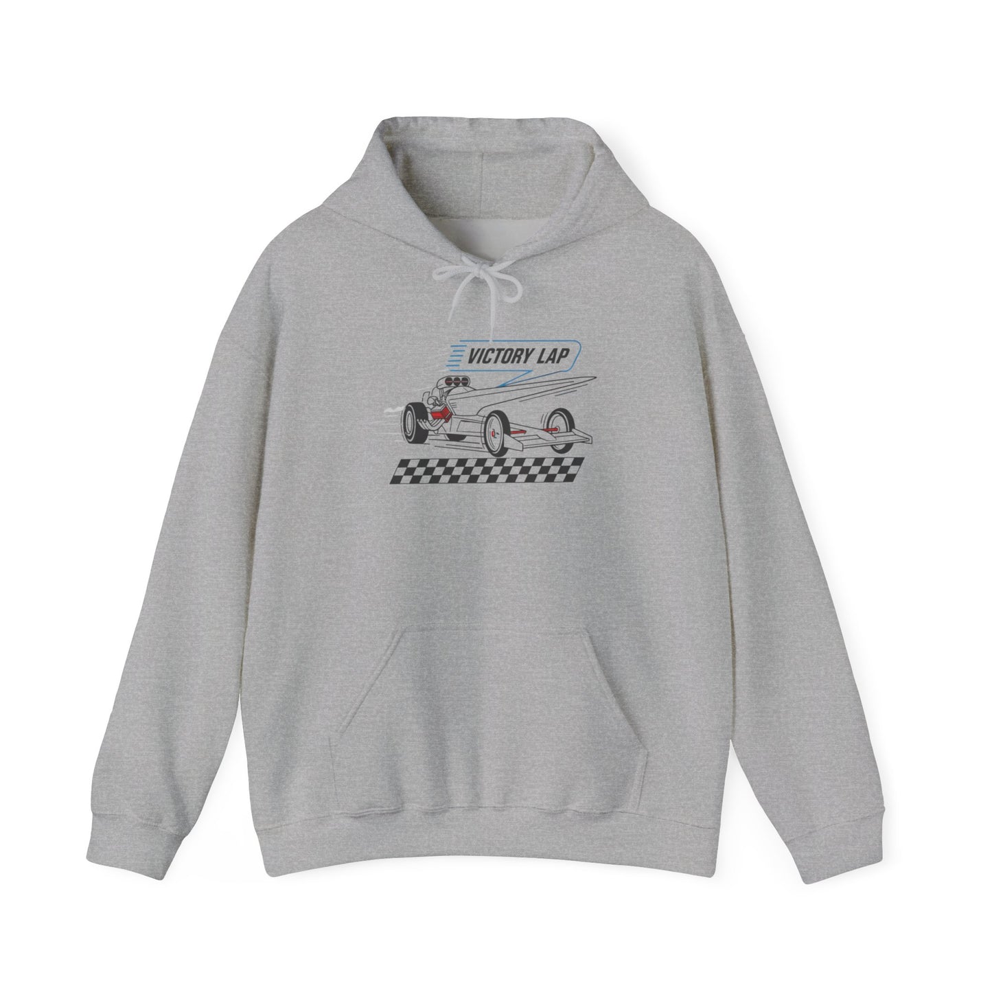 Gray hoodie with race car graphic and 'Victory Lap' text on a white background