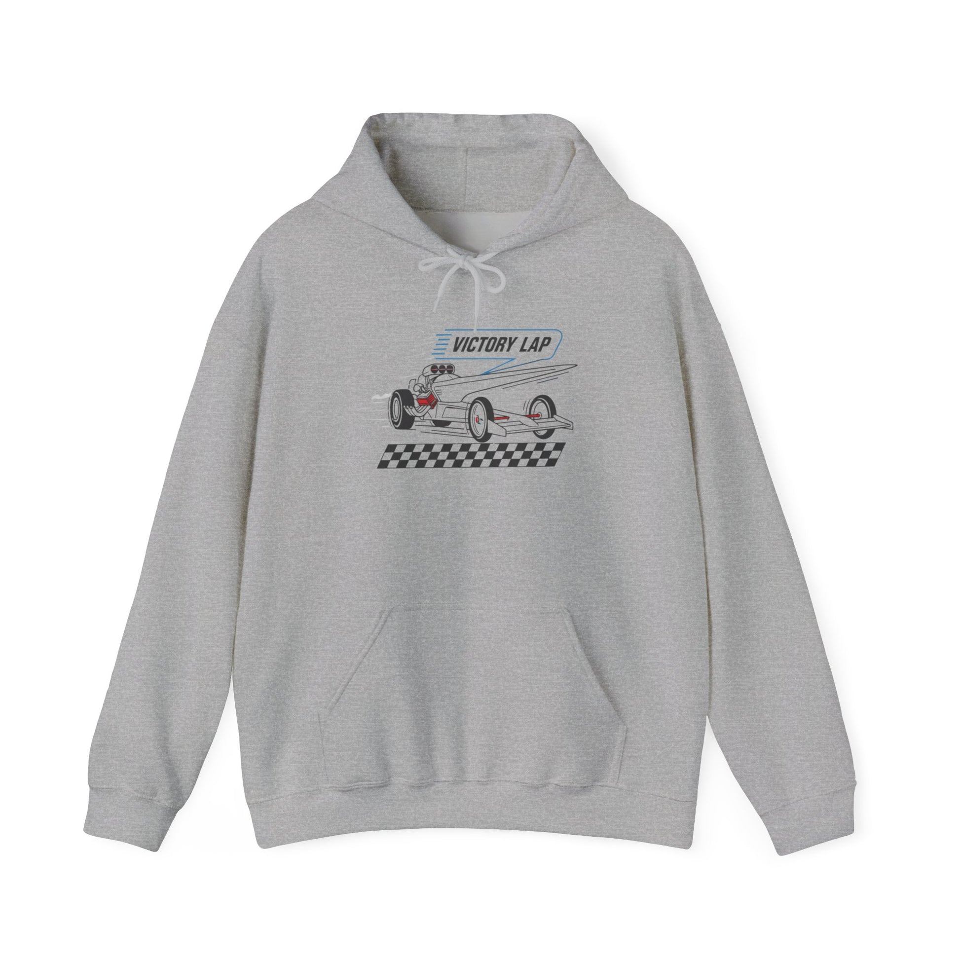 Gray hoodie with race car graphic and 'Victory Lap' text on a white background