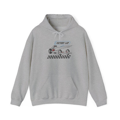 Gray hoodie with race car graphic and 'Victory Lap' text on a white background