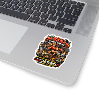 Laptop with a 'Jesebel Push Rods' sticker on the hand rest