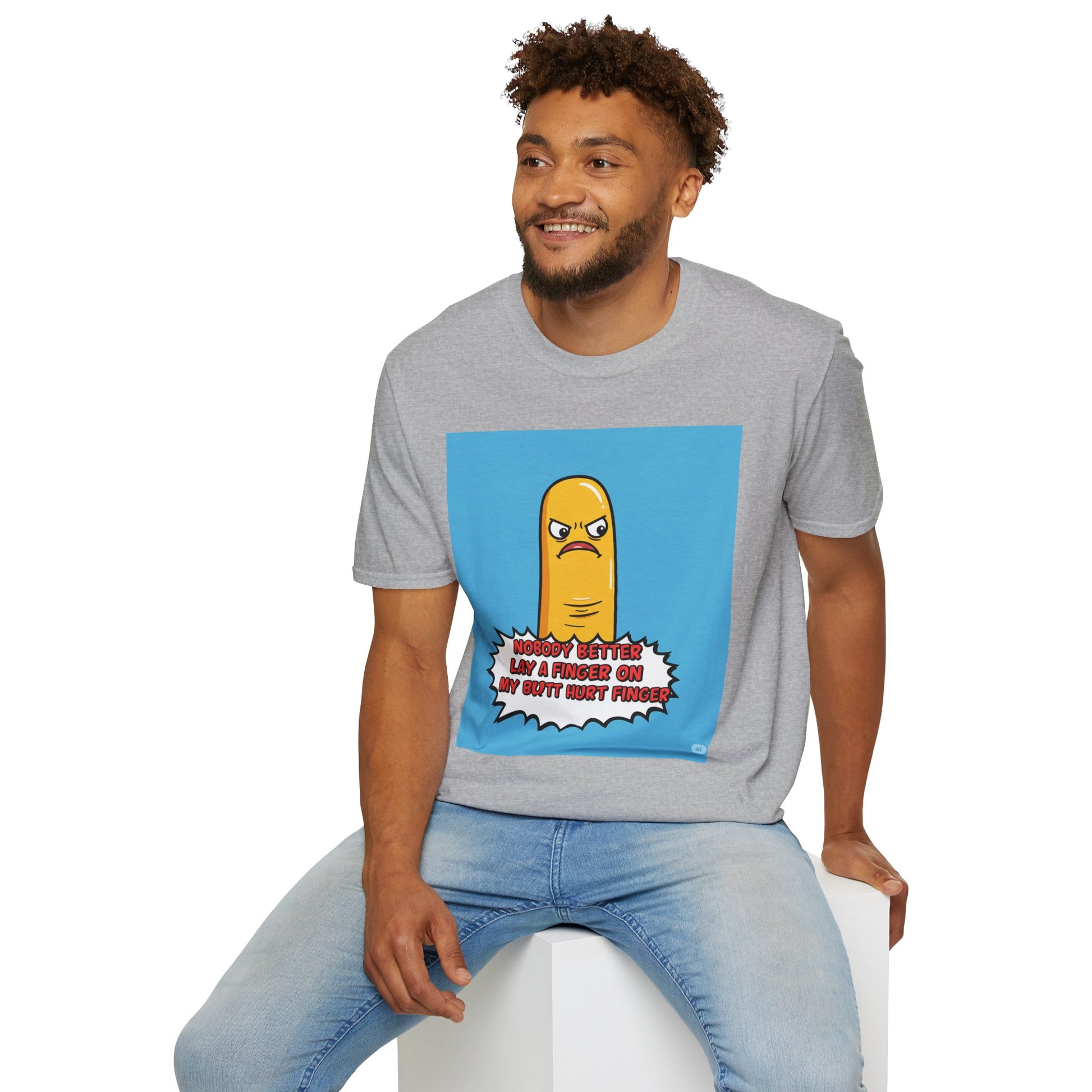 Man wearing a gray t-shirt with a cartoon character graphic and text 'Nobody better lay a finger on my butt hurt finger' on a white background