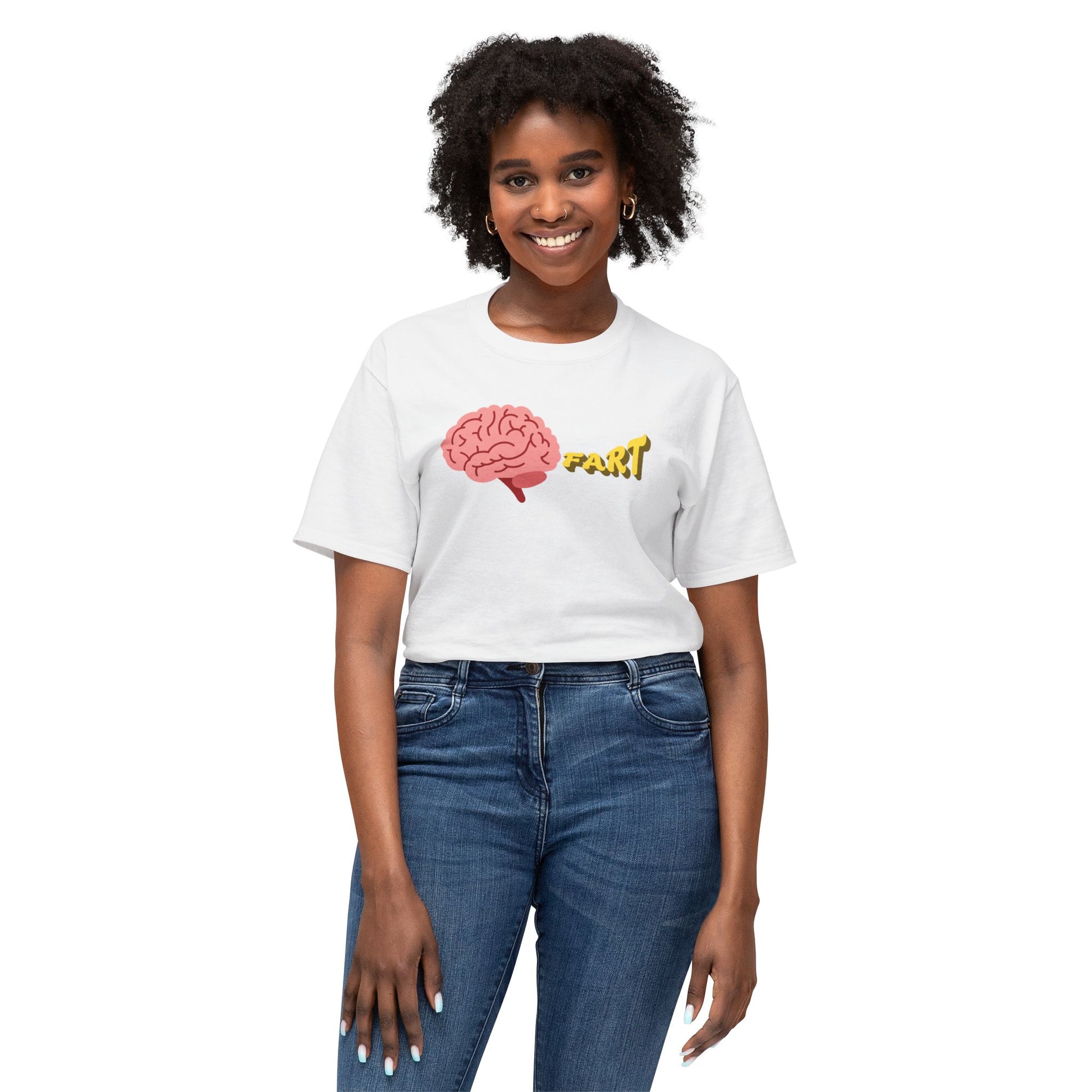 Person wearing a white t-shirt with a graphic design on a white background