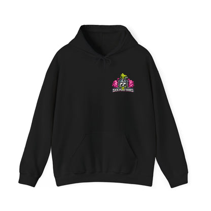 Sick Puke Tank hoodie in black - Flat lay showing front chest logo design on white background
