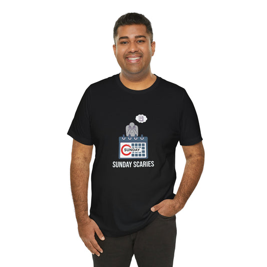 Man wearing a black t-shirt with 'Sunday Scaries' graphic design on a white background