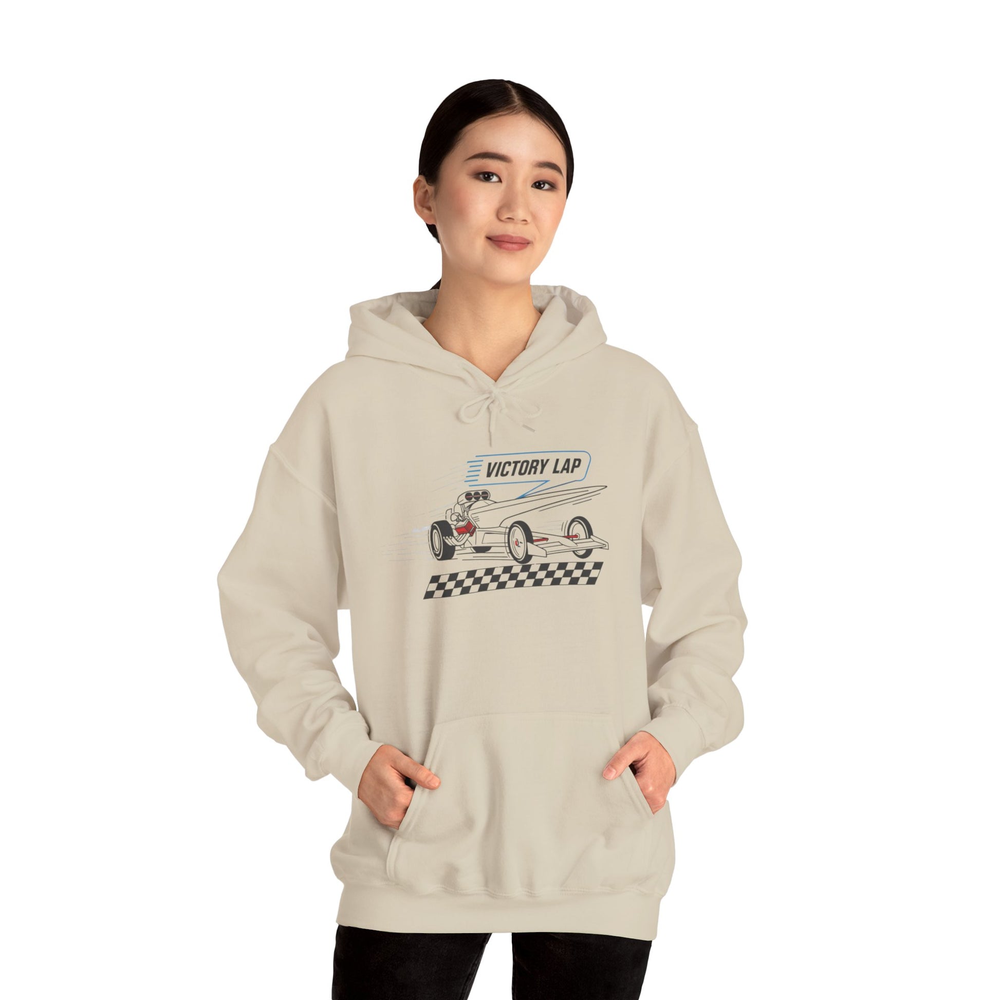 Person wearing a beige hoodie with a race car graphic and text 'VICTORY LAP' on a white background