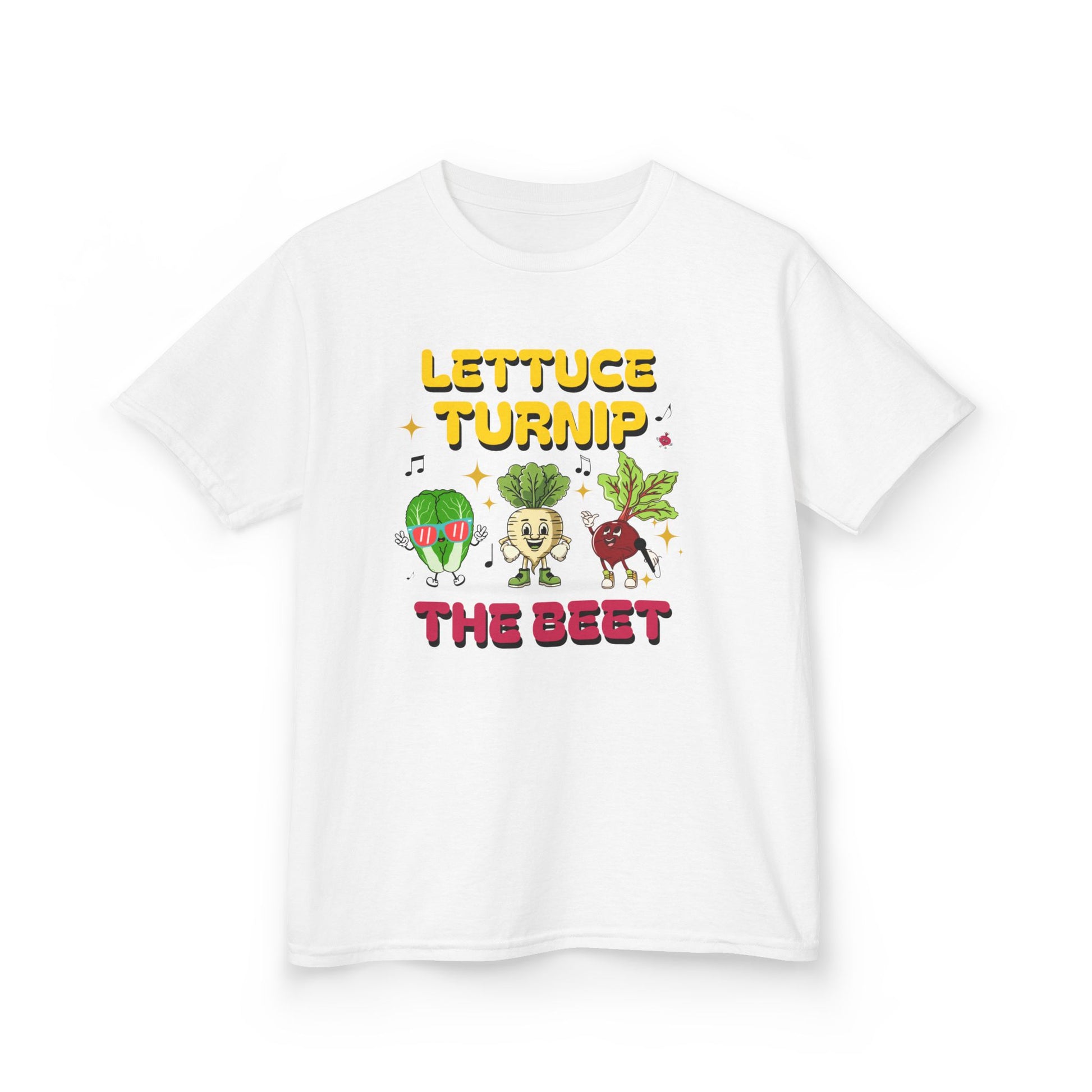 White t-shirt with vegetable-themed graphic and text 'Lettuce Turnip the Beet' on a white background