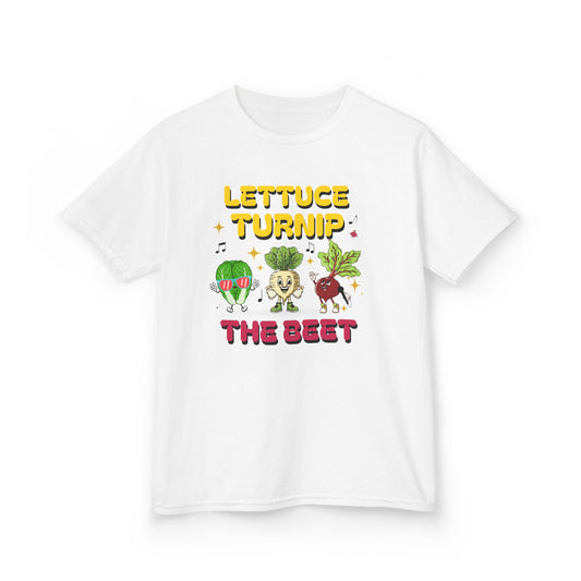 White t-shirt with vegetable-themed graphic and text 'Lettuce Turnip the Beet' on a white background