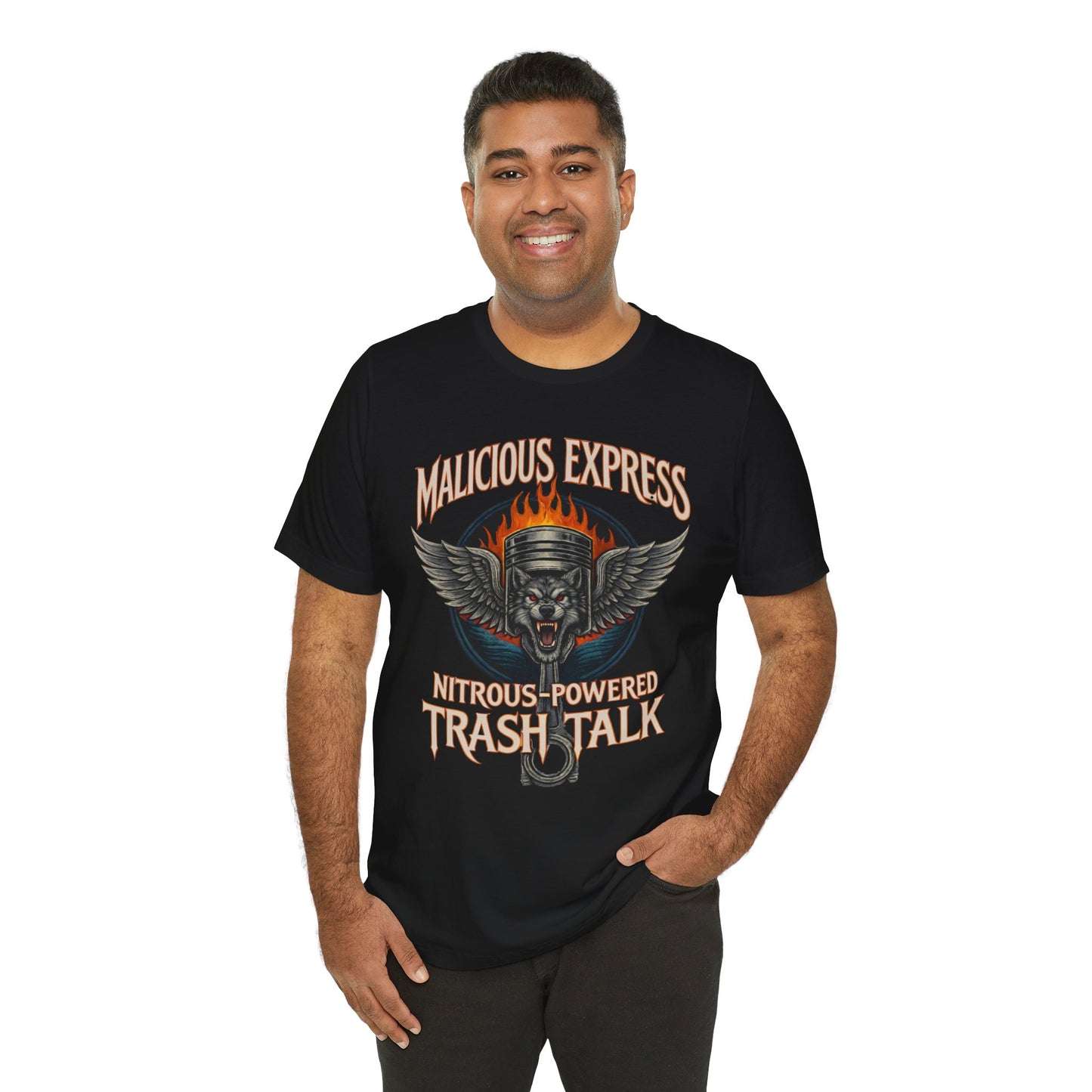 Man wearing a black t-shirt with graphic design and 'Malicious Express Nitrous-Powered Trash Talk' text on a white background