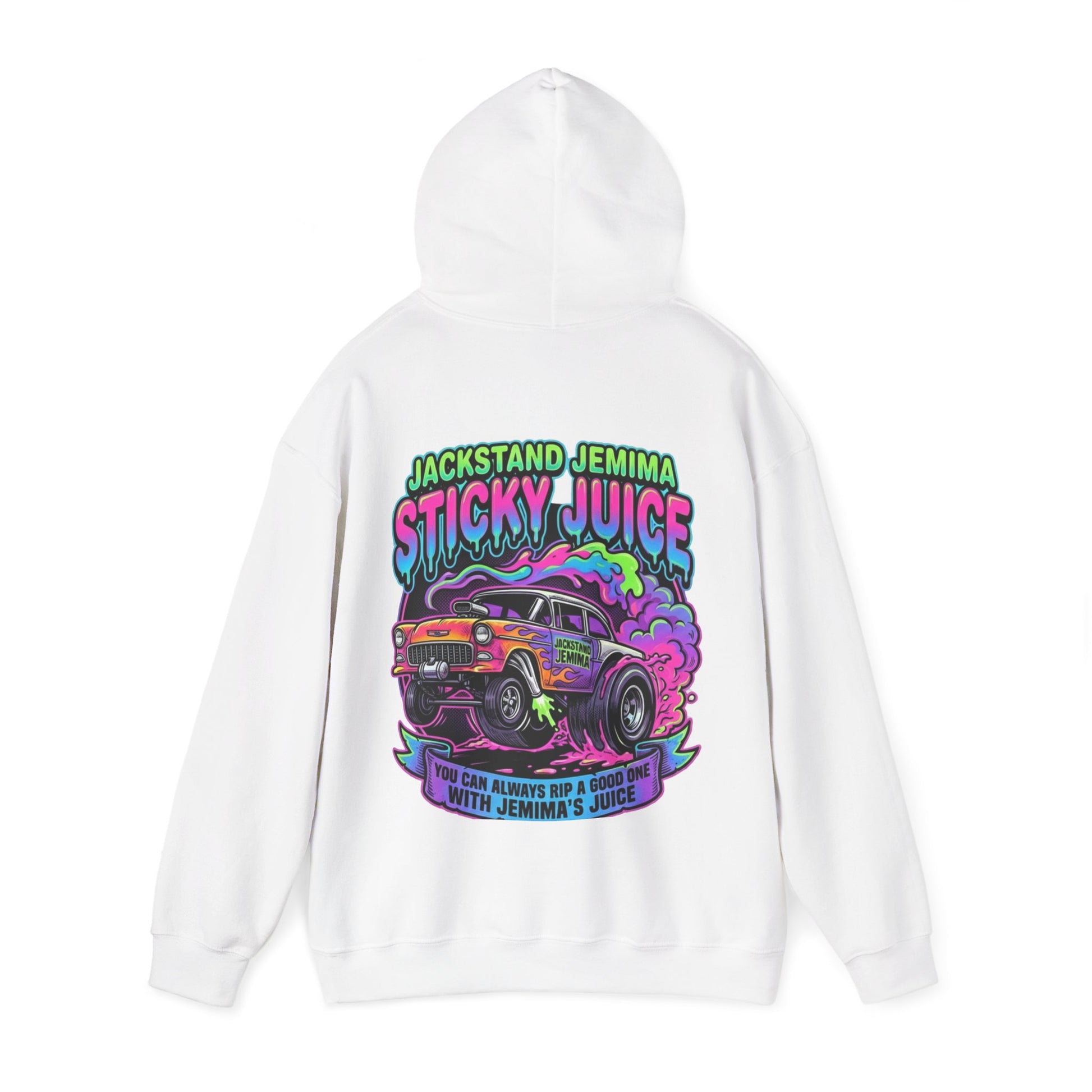 White hoodie with colorful graphic design and  'Jackstand Jemima Sticky Juice You Can Always Rip A Good One With Jemima's Juice' text on a white background