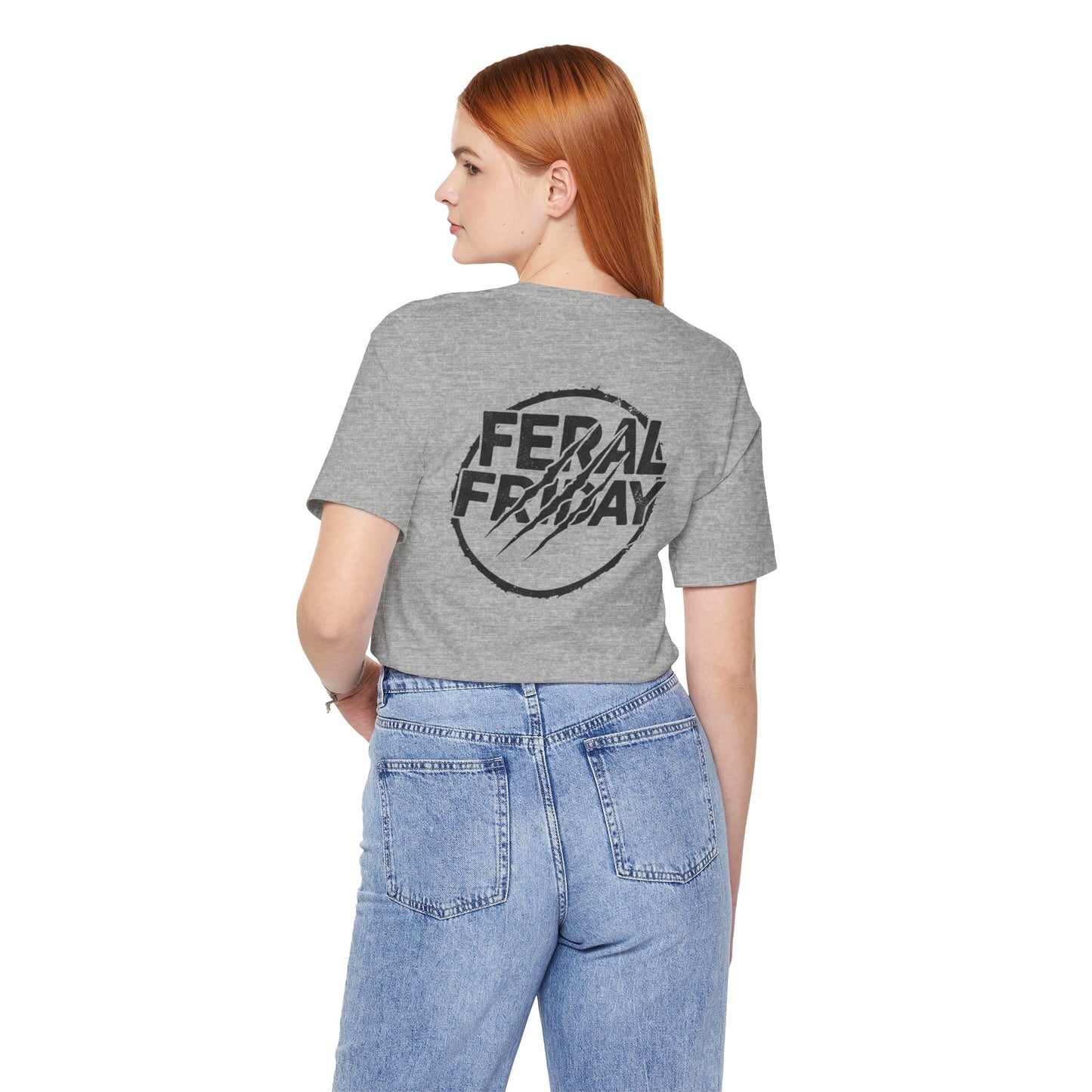 Person wearing a gray t-shirt with 'Feral Friday' logo on the back, standing against a white background.