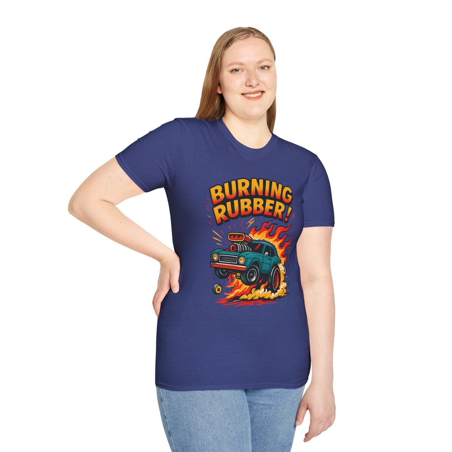 Person wearing a blue t-shirt with 'Burning Rubber!' graphic design on a white background