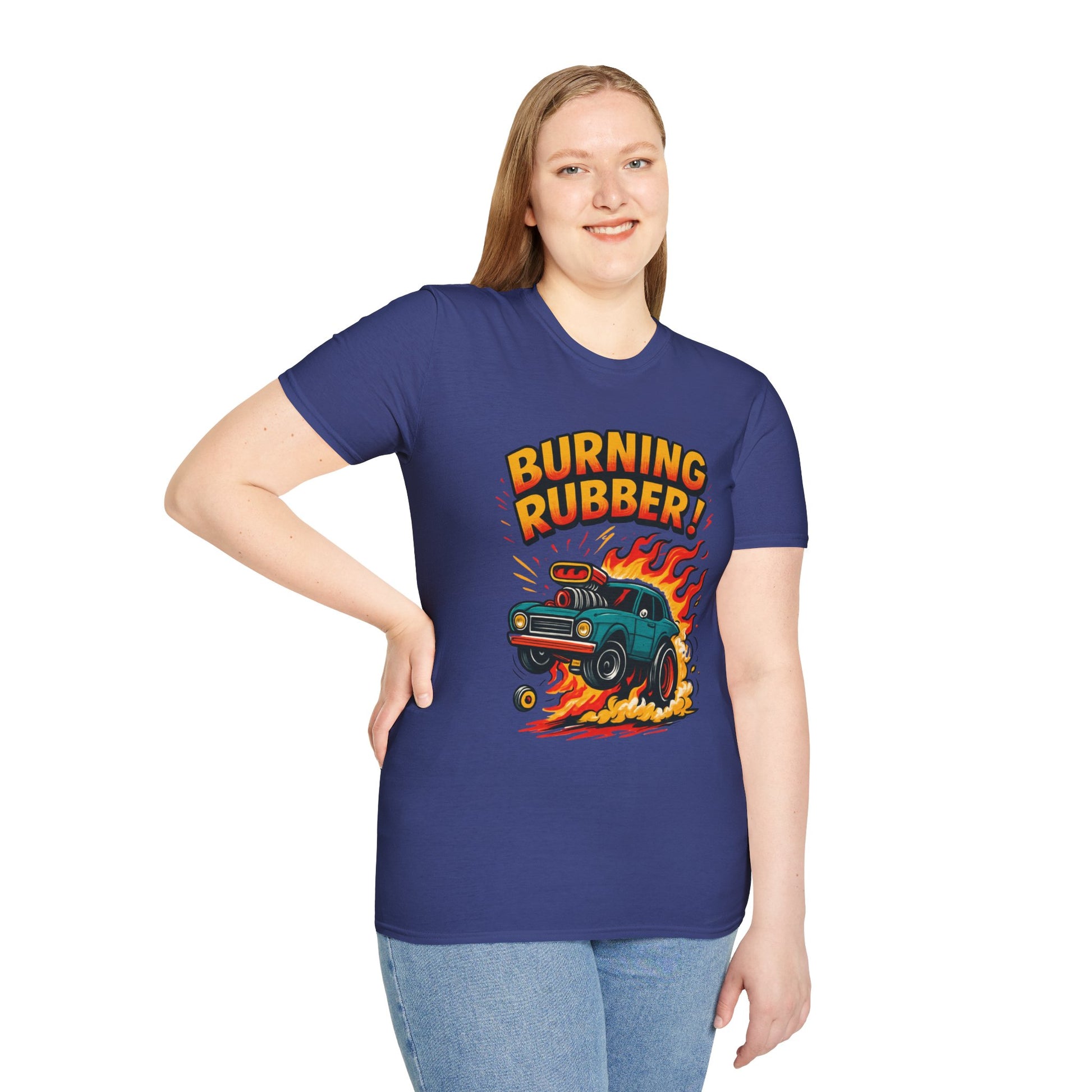 Person wearing a blue t-shirt with 'Burning Rubber!' graphic design on a white background