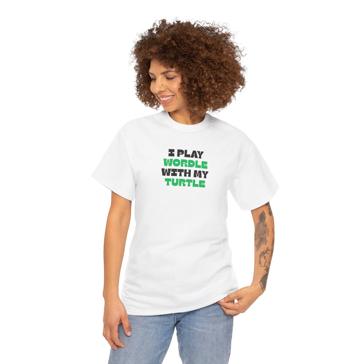 Woman wearing a white t-shirt with text, standing against a white background