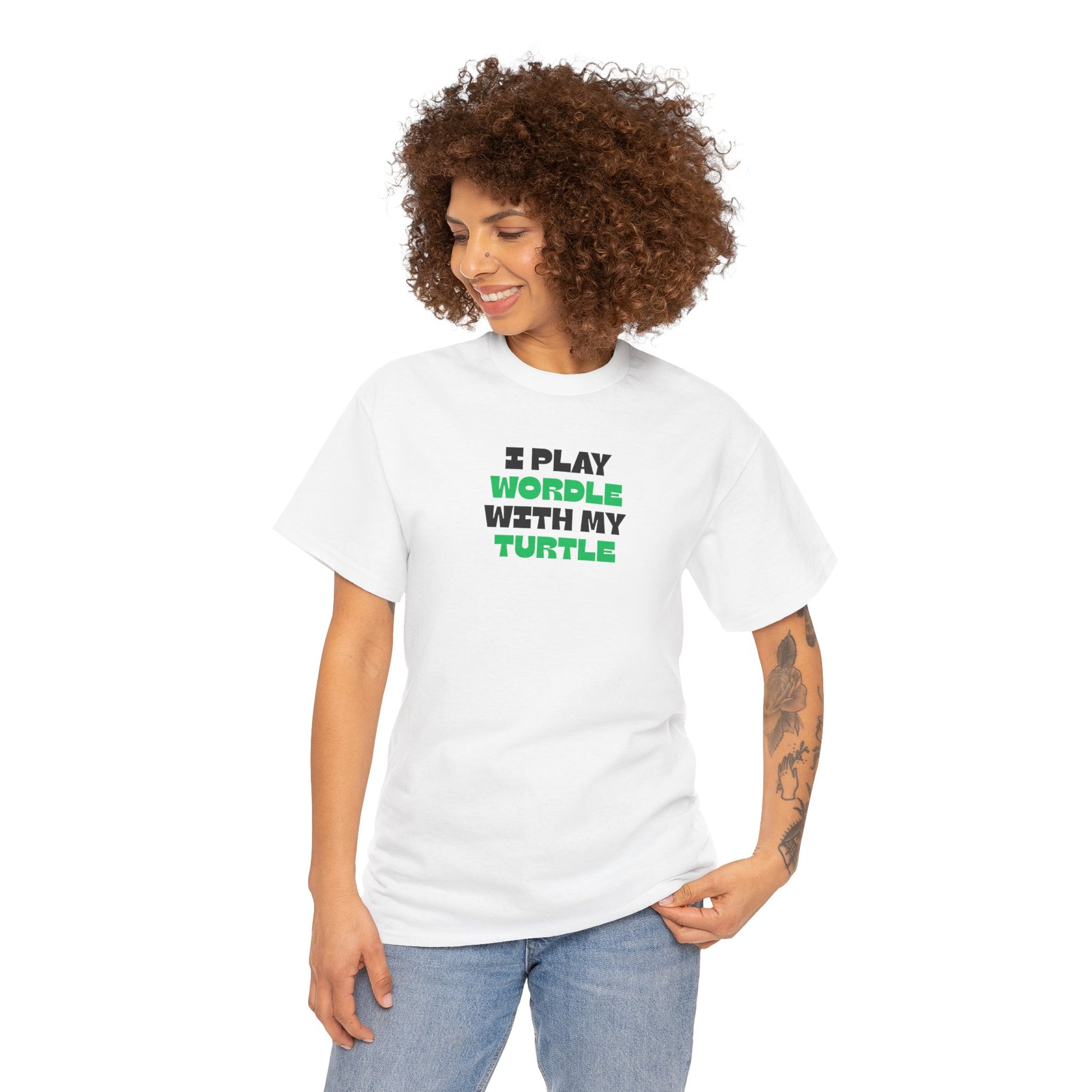 Woman wearing a white t-shirt with text, standing against a white background