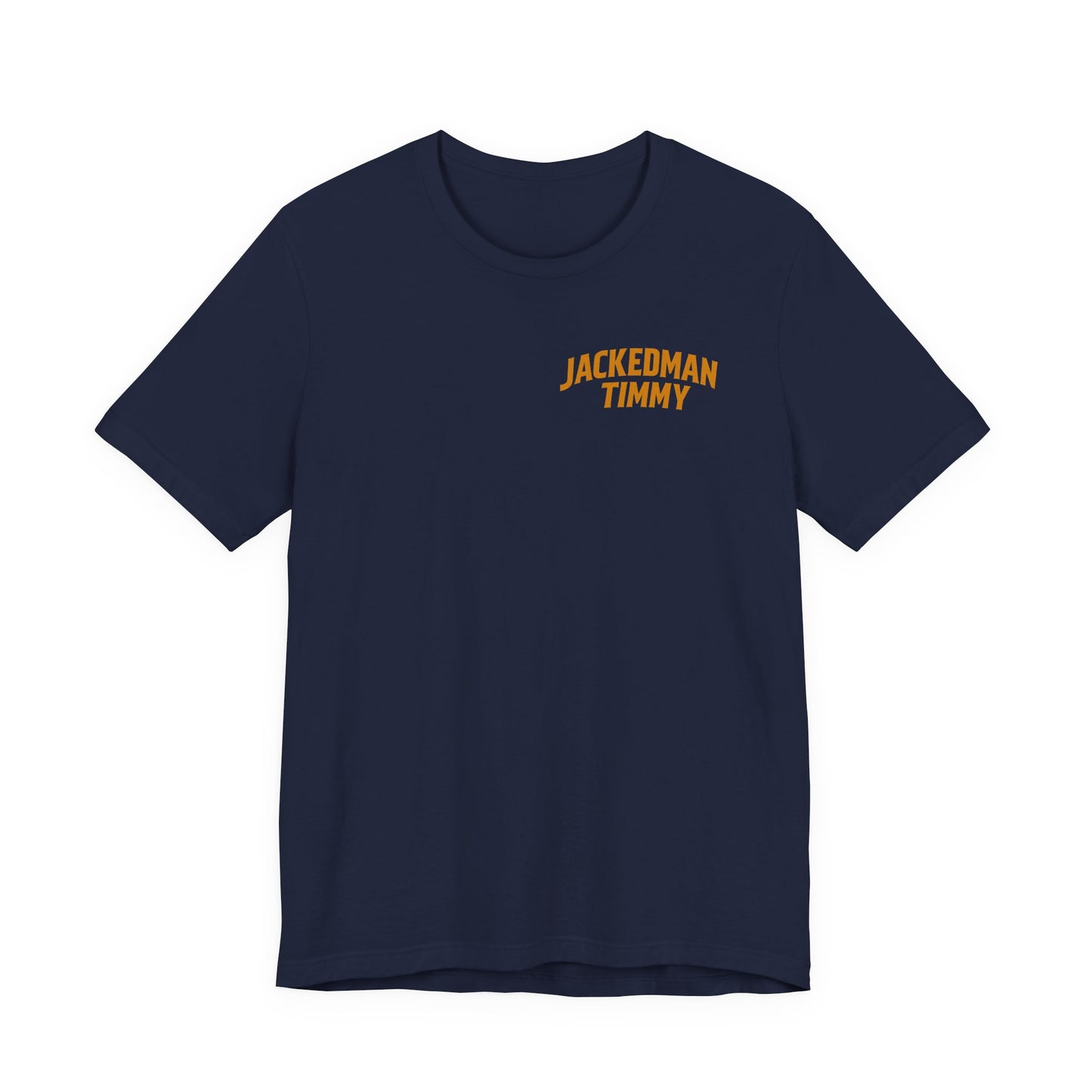 Navy blue t-shirt with 'JACKEDMAN TIMMY' text in yellow on a white background