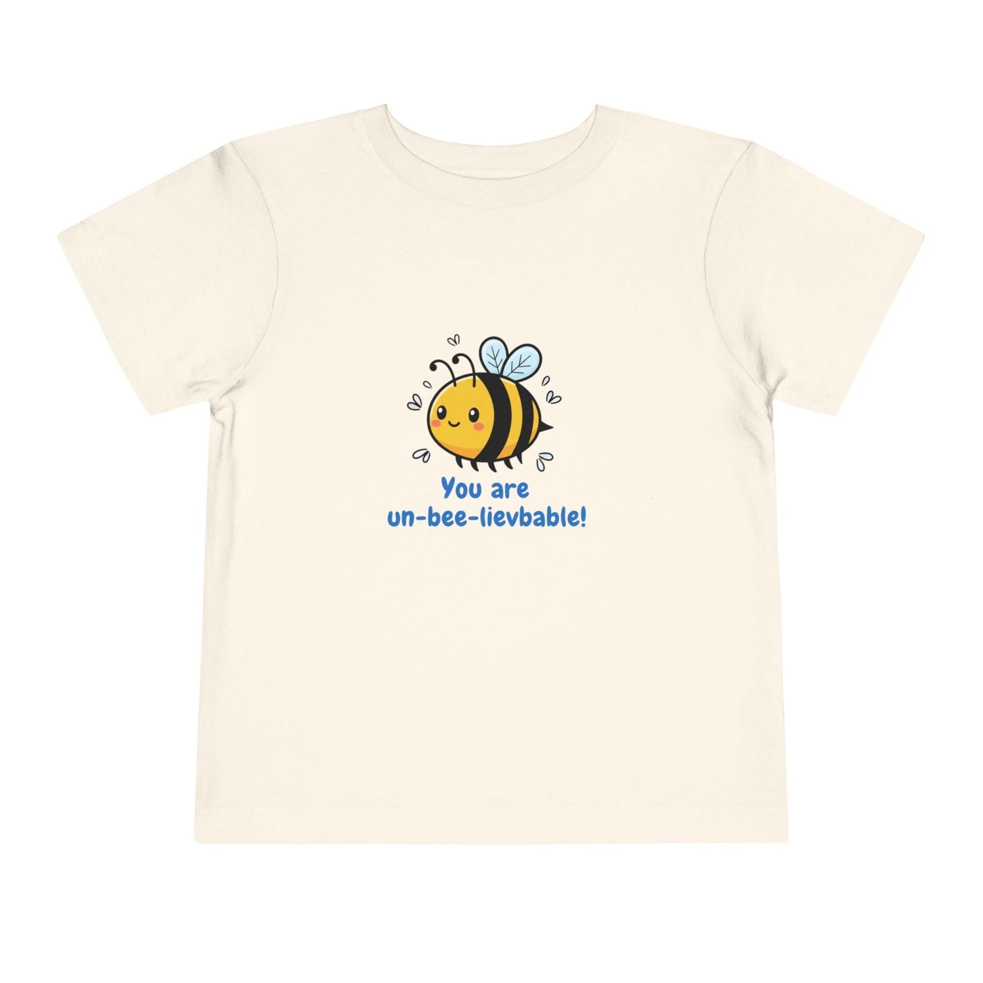 Natural 'You Are Un-Bee-Lievable' toddler t-shirt with cute bee graphic – Bella+Canvas 3001T on a white background