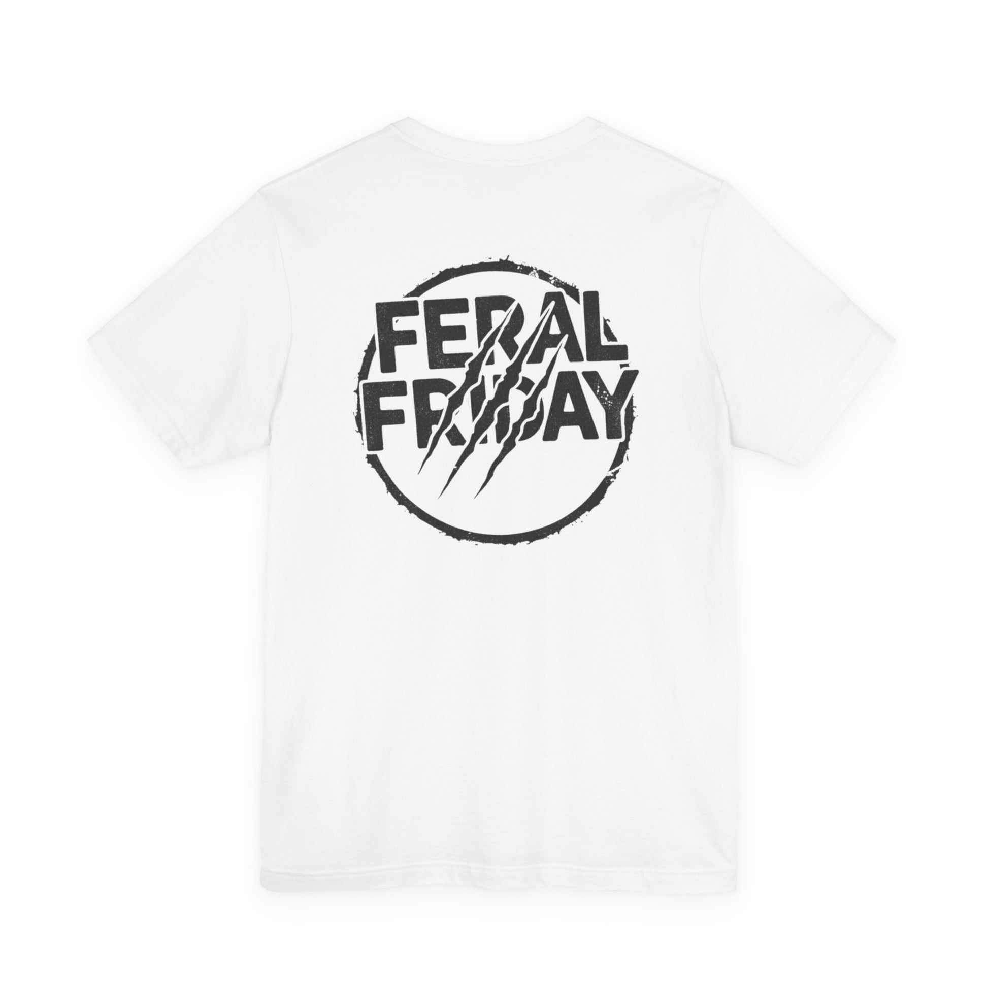White t-shirt with black graphic design  'Feral Friday' text on a white background
