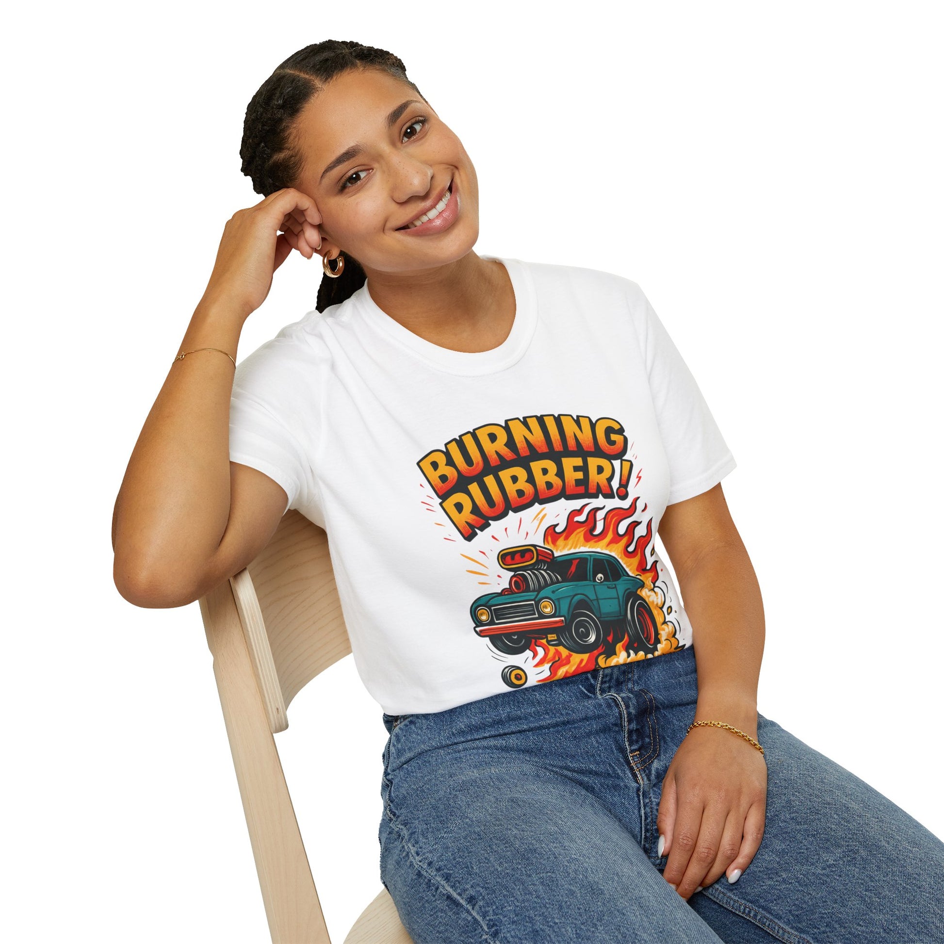Person wearing a white t-shirt with 'Burning Rubber!' graphic design.