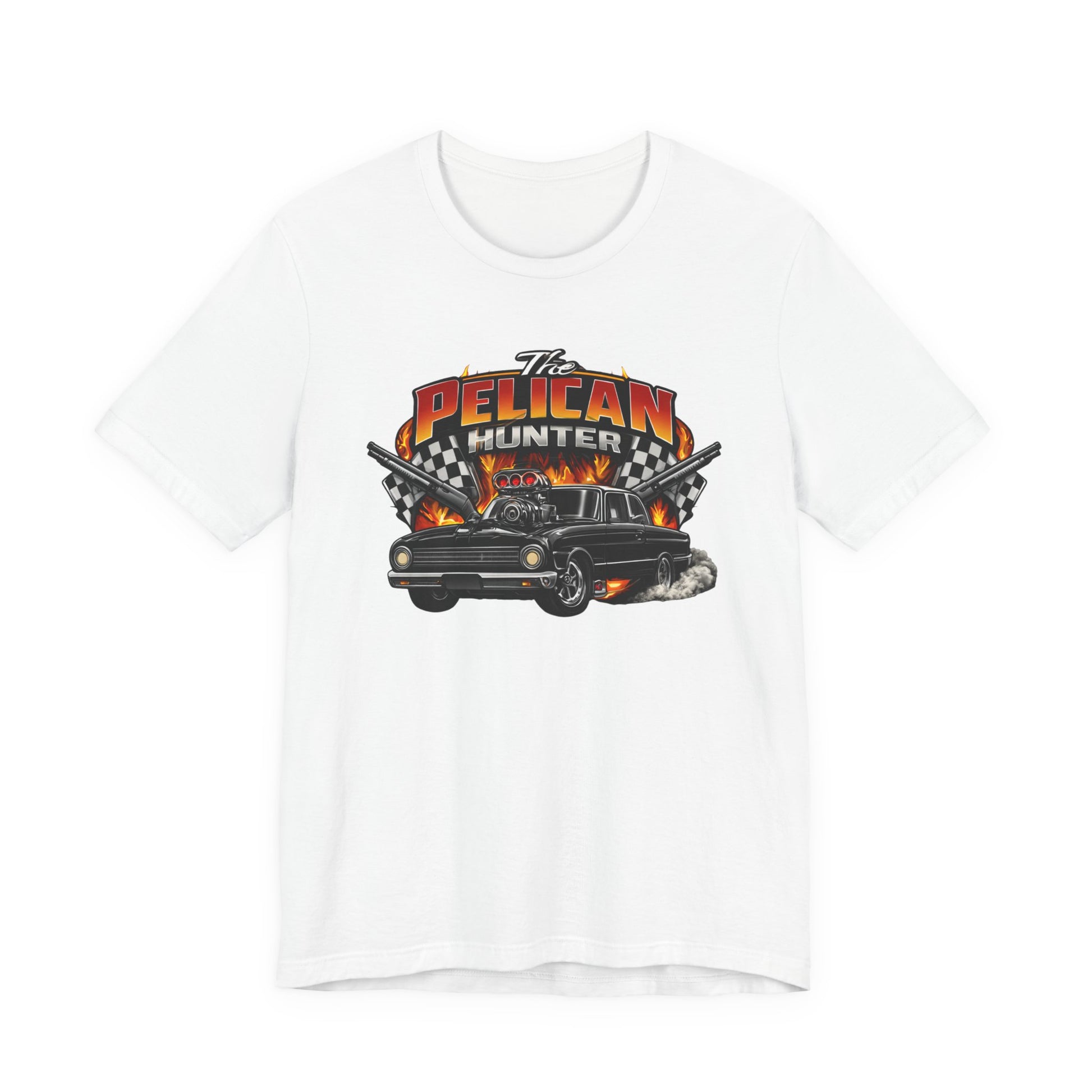 White t-shirt with 'The Pelican Hunter' graphic design featuring a car and flames on a white background.