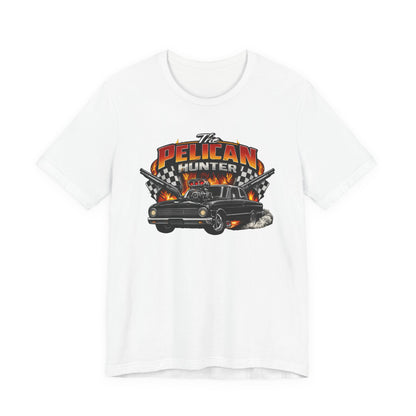 White t-shirt with 'The Pelican Hunter' graphic design featuring a car and flames on a white background.