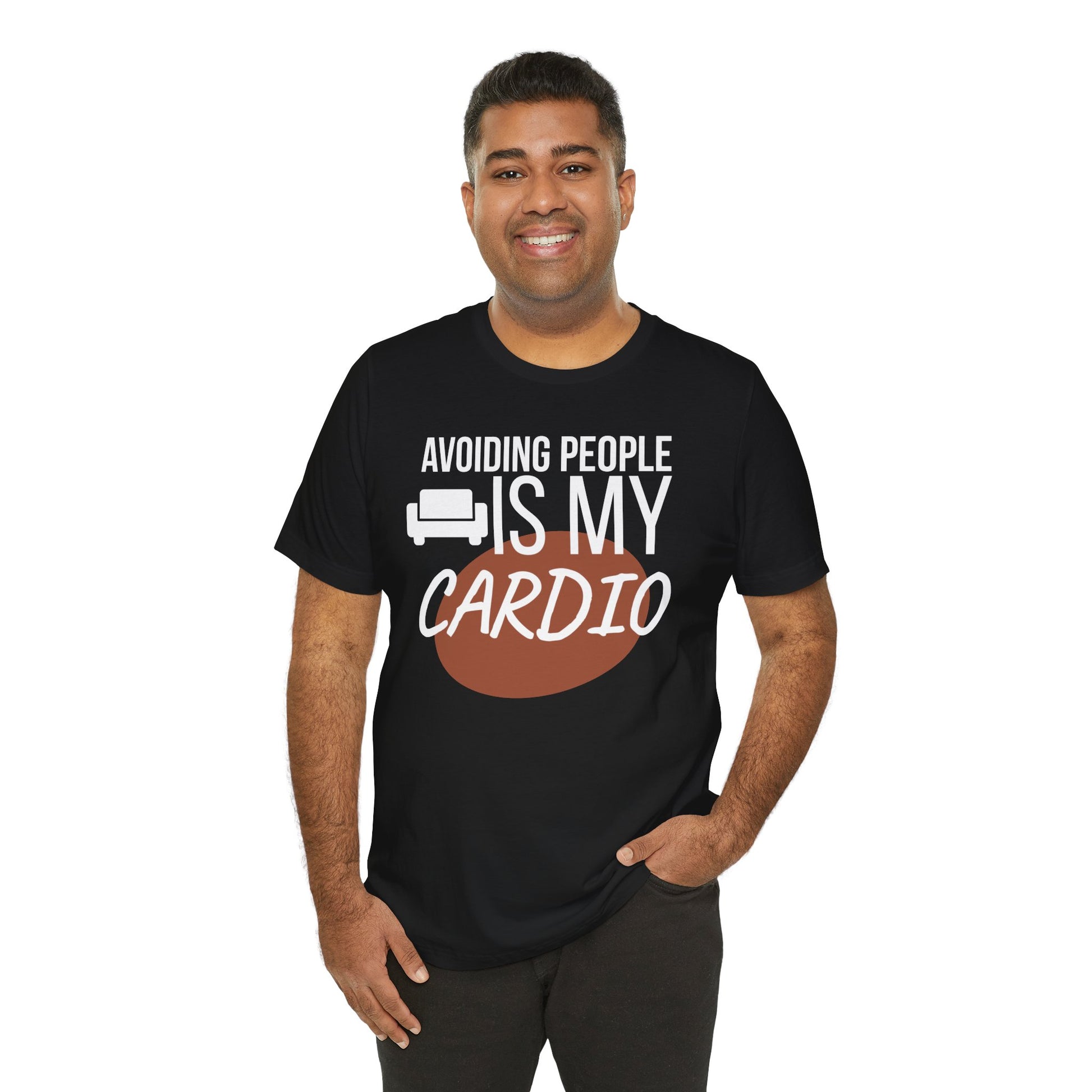 Man wearing a black t-shirt with humorous text 'Avoiding People Is My Cardio' design on a white background