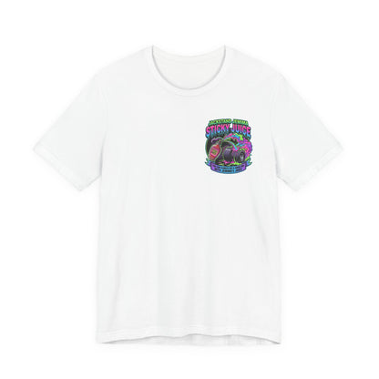 White t-shirt with colorful graphic design and text  'Jackedstand Jemima Sticky Juice You Can Always Rip A Good One With Jemima's Juice' on a white background