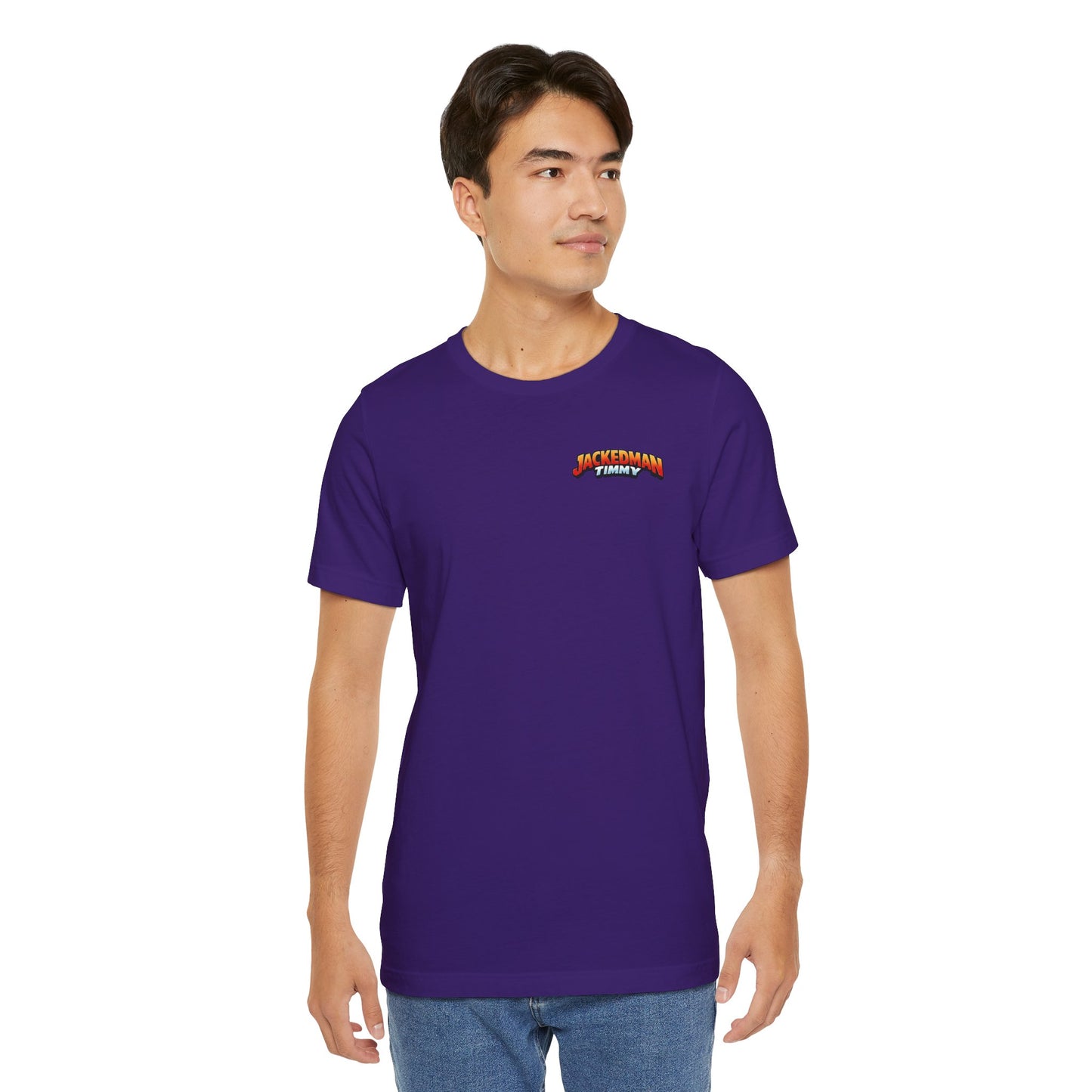 Man wearing a purple t-shirt with a 'Jackedman Timmy' logo on a white background