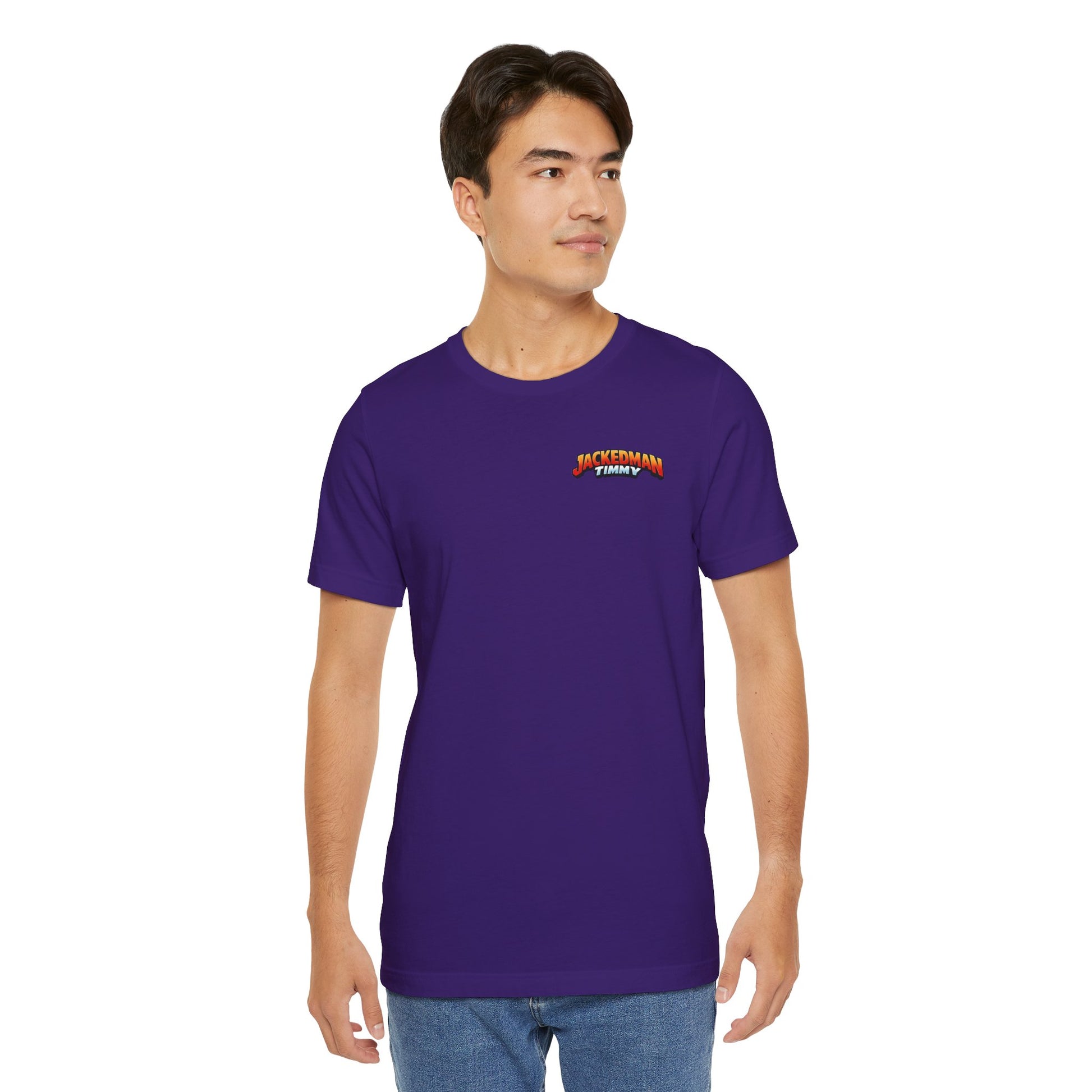 Man wearing a purple t-shirt with a 'Jackedman Timmy' logo on a white background