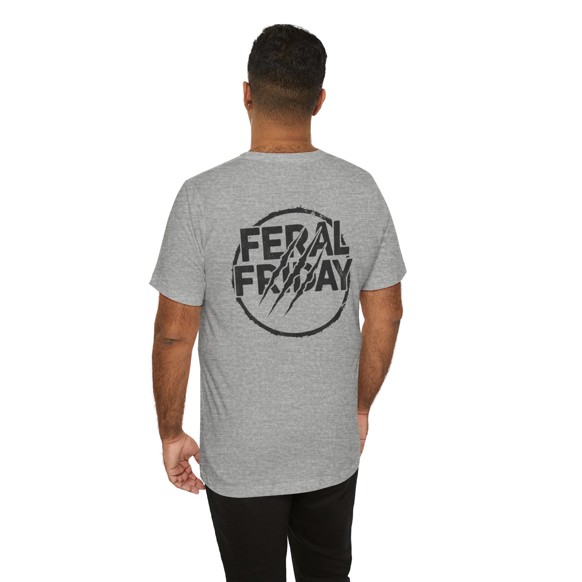 Person wearing a gray t-shirt with 'Feral Friday' logo on the back, standing against a white background