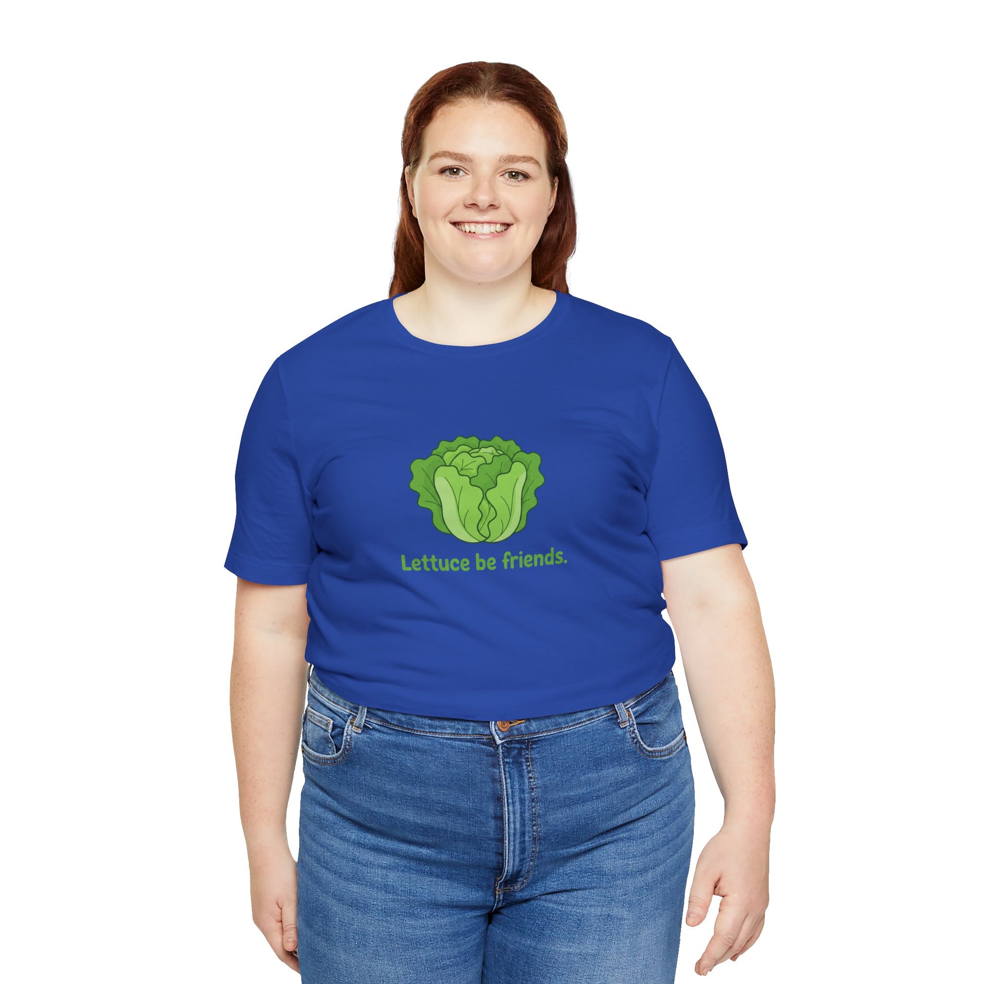 Person wearing a blue t-shirt with a green lettuce graphic and text 'Lettuce be friends' on a white background
