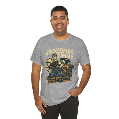 Man wearing a gray t-shirt with 'Jackedman Timmy' graphic design on a white background