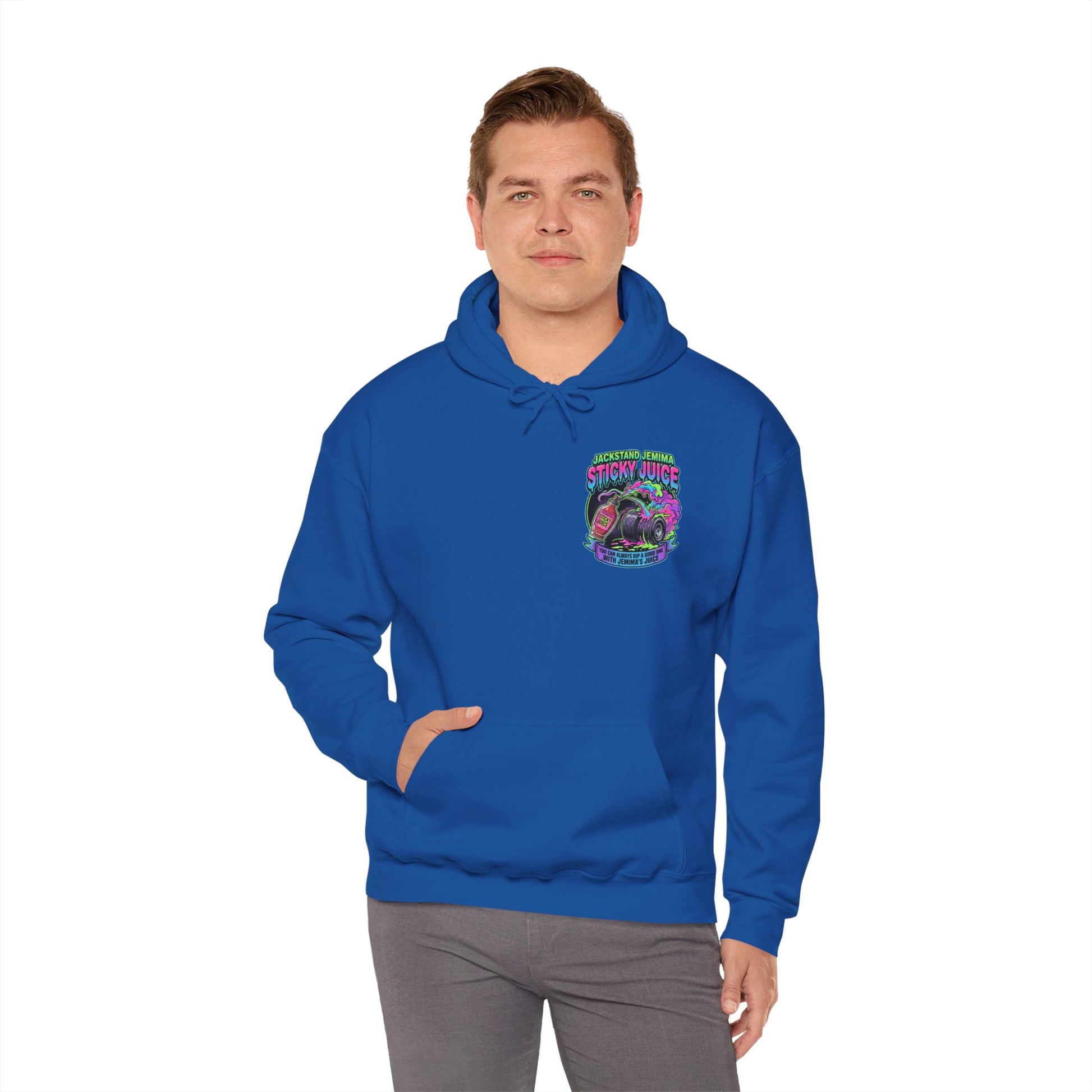 Man wearing a blue hoodie with a colorful graphic 'Jackstand Jemima' logo on a white background